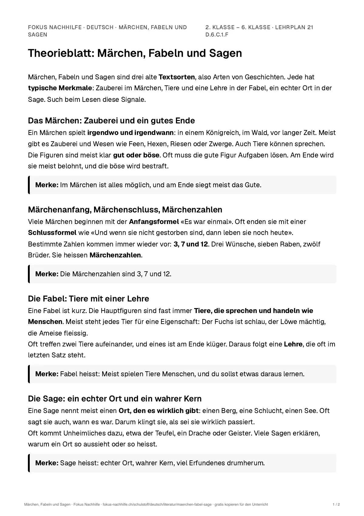 Theorieblatt Märchen, Fabeln und Sagen zum Ausdrucken: erste Seite der Erklärung