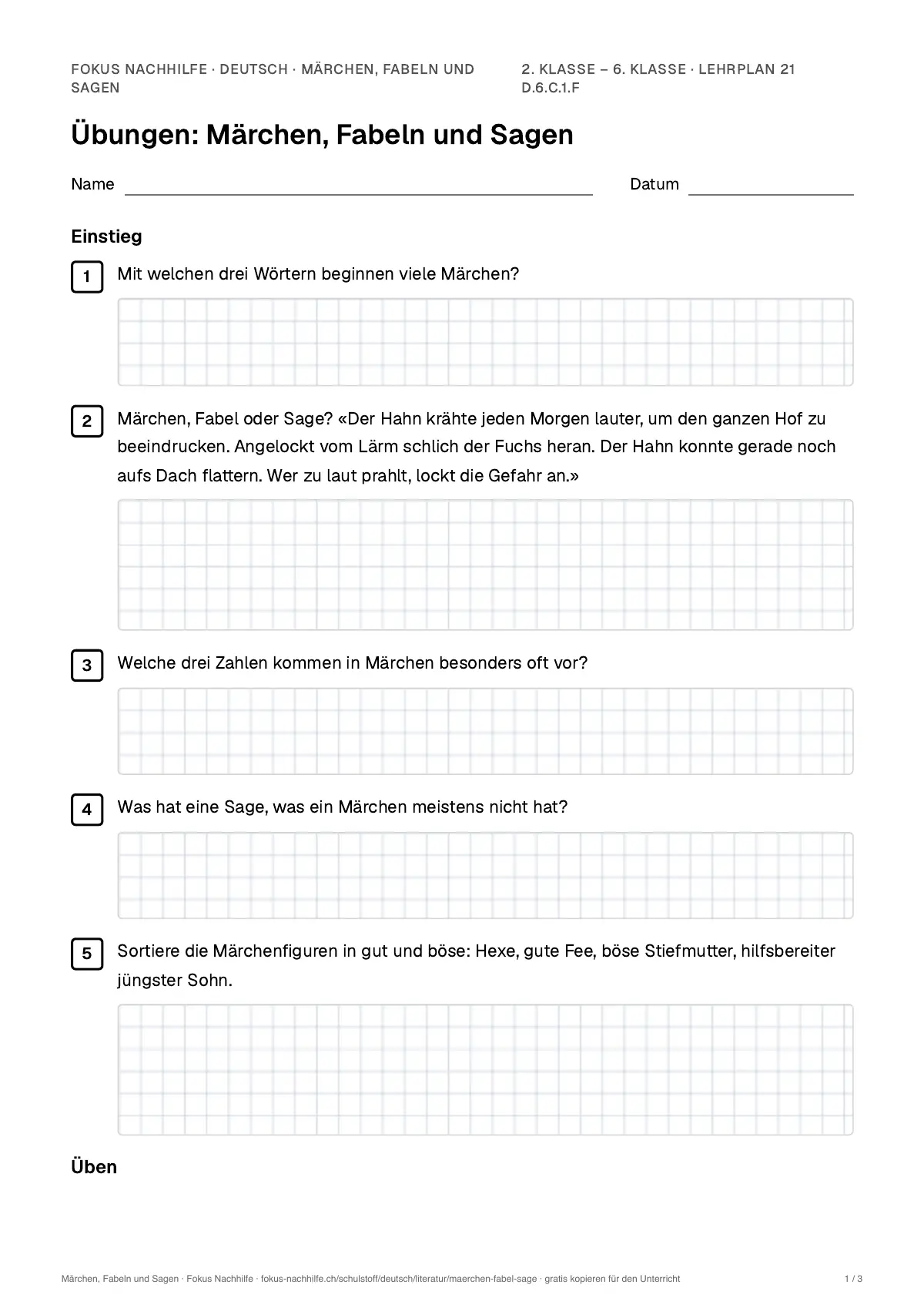 Übungsblatt Märchen, Fabeln und Sagen zum Ausdrucken: erste Seite der Übungen, Lösungen auf eigenem Blatt