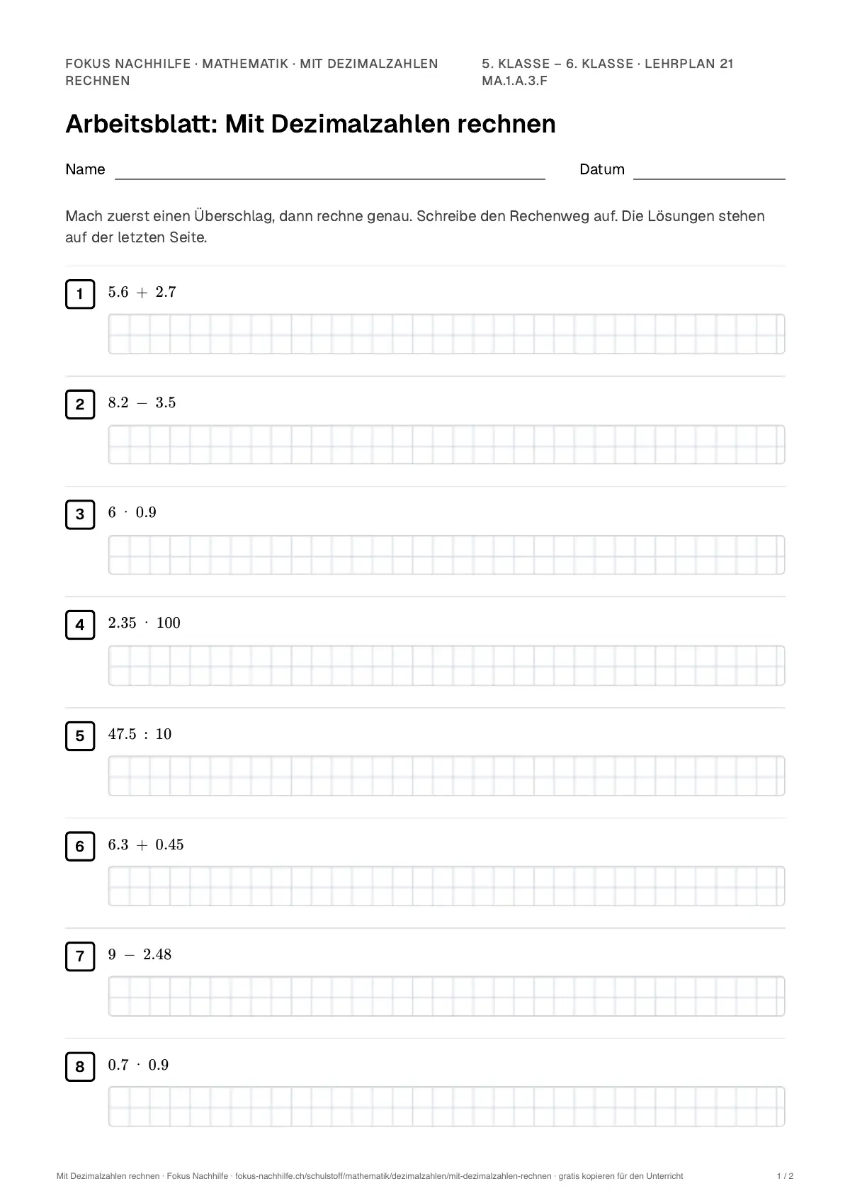 Arbeitsblatt Mit Dezimalzahlen rechnen zum Ausfüllen mit Name und Datum: erste Seite, mit Lösungsblatt