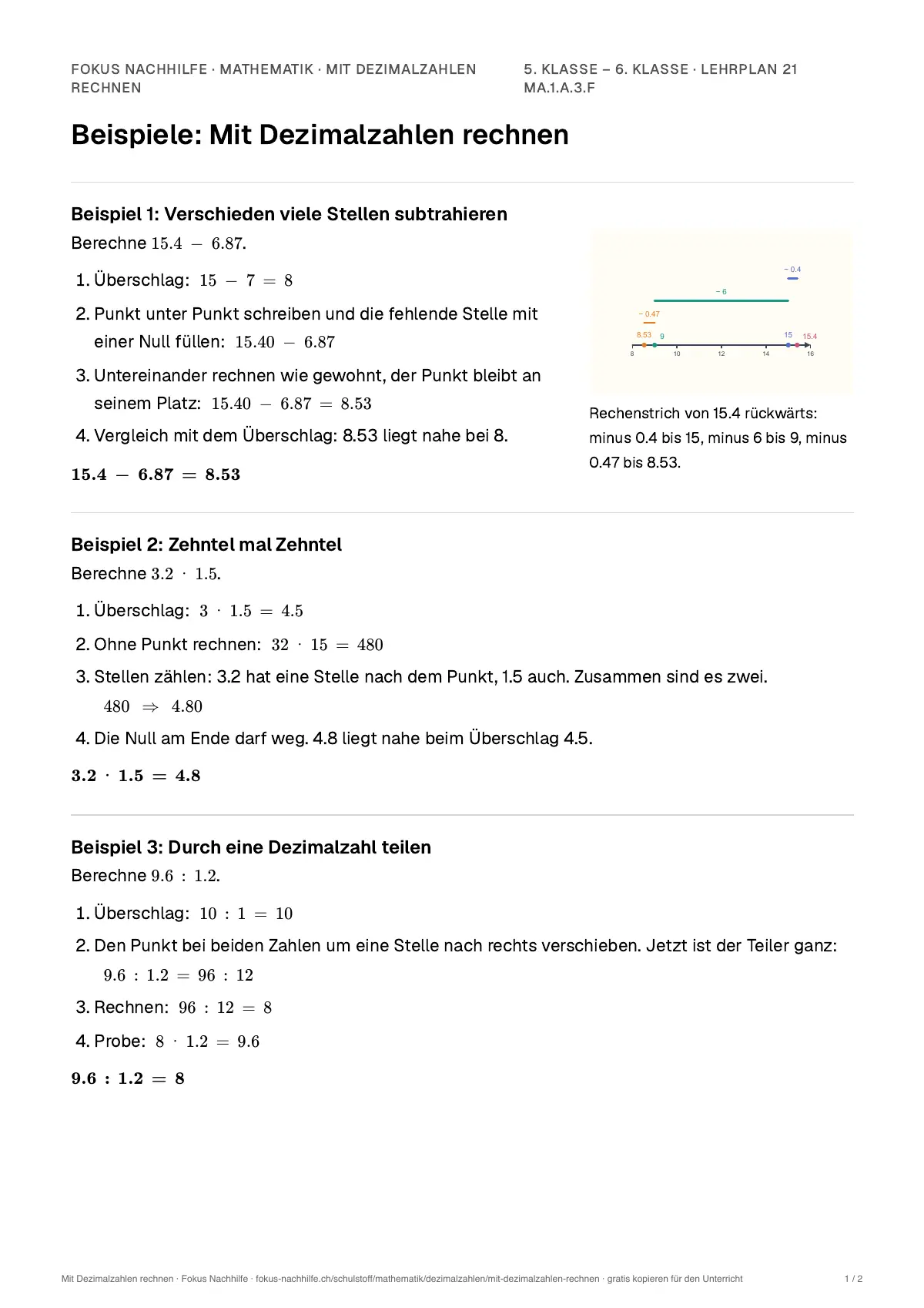 Beispiele Mit Dezimalzahlen rechnen zum Ausdrucken: erste Seite, Aufgaben Schritt für Schritt gelöst