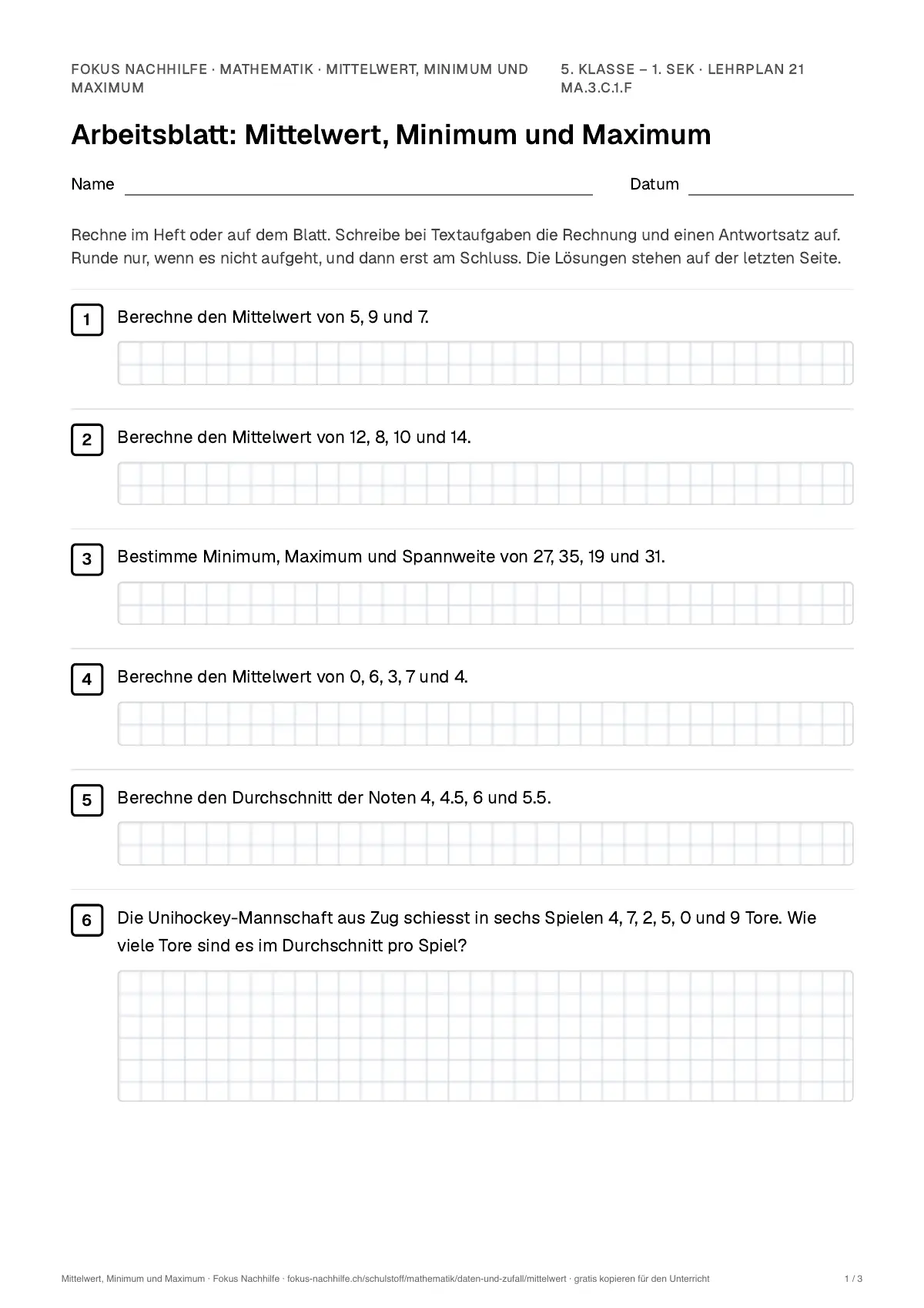 Arbeitsblatt Mittelwert, Minimum und Maximum zum Ausfüllen mit Name und Datum: erste Seite, mit Lösungsblatt