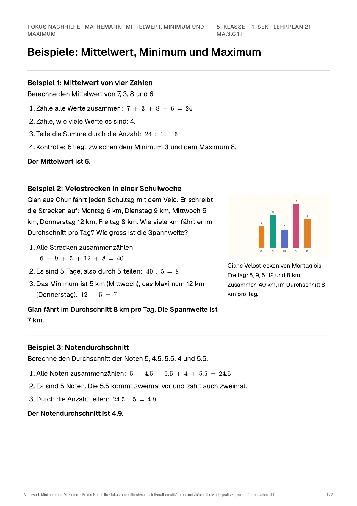 Beispiele Mittelwert, Minimum und Maximum zum Ausdrucken: erste Seite, Aufgaben Schritt für Schritt gelöst