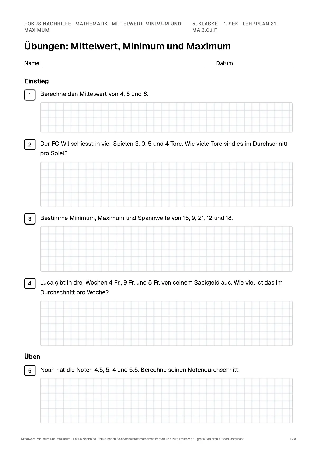 Übungsblatt Mittelwert, Minimum und Maximum zum Ausdrucken: erste Seite der Übungen, Lösungen auf eigenem Blatt