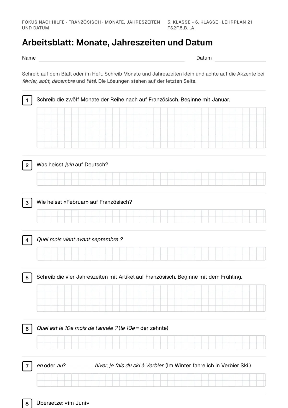Arbeitsblatt Monate, Jahreszeiten und Datum zum Ausfüllen mit Name und Datum: erste Seite, mit Lösungsblatt
