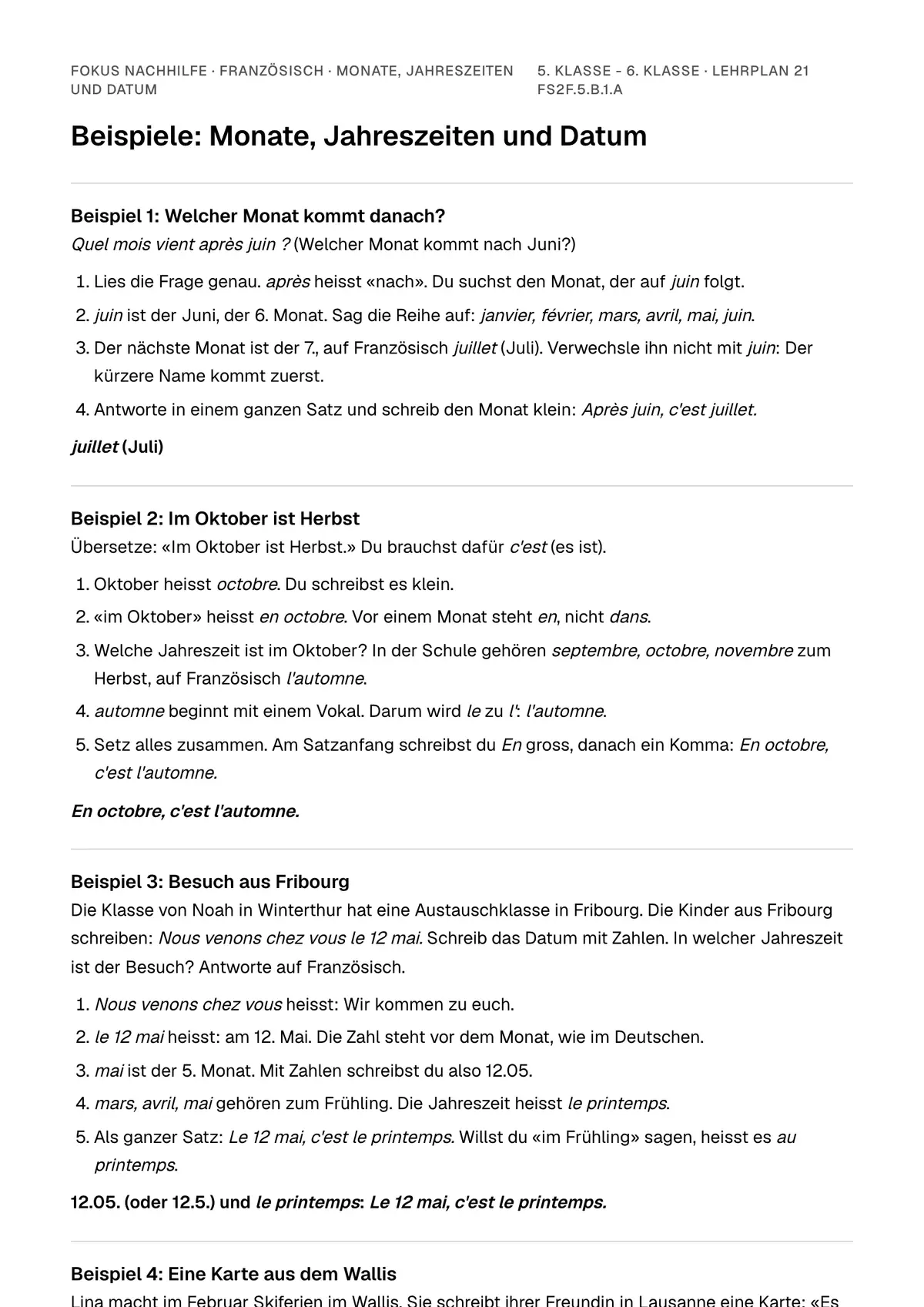 Beispiele Monate, Jahreszeiten und Datum zum Ausdrucken: erste Seite, Aufgaben Schritt für Schritt gelöst