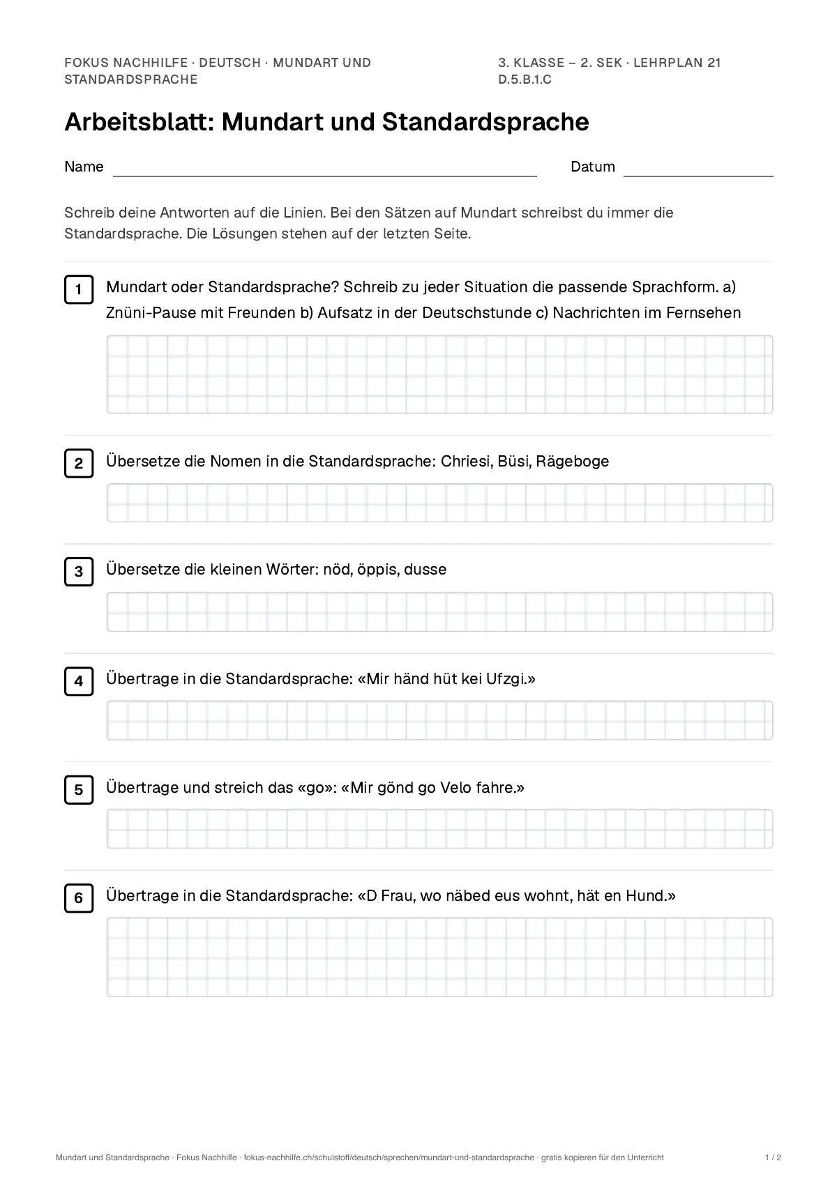 Arbeitsblatt Mundart und Standardsprache zum Ausfüllen mit Name und Datum: erste Seite, mit Lösungsblatt