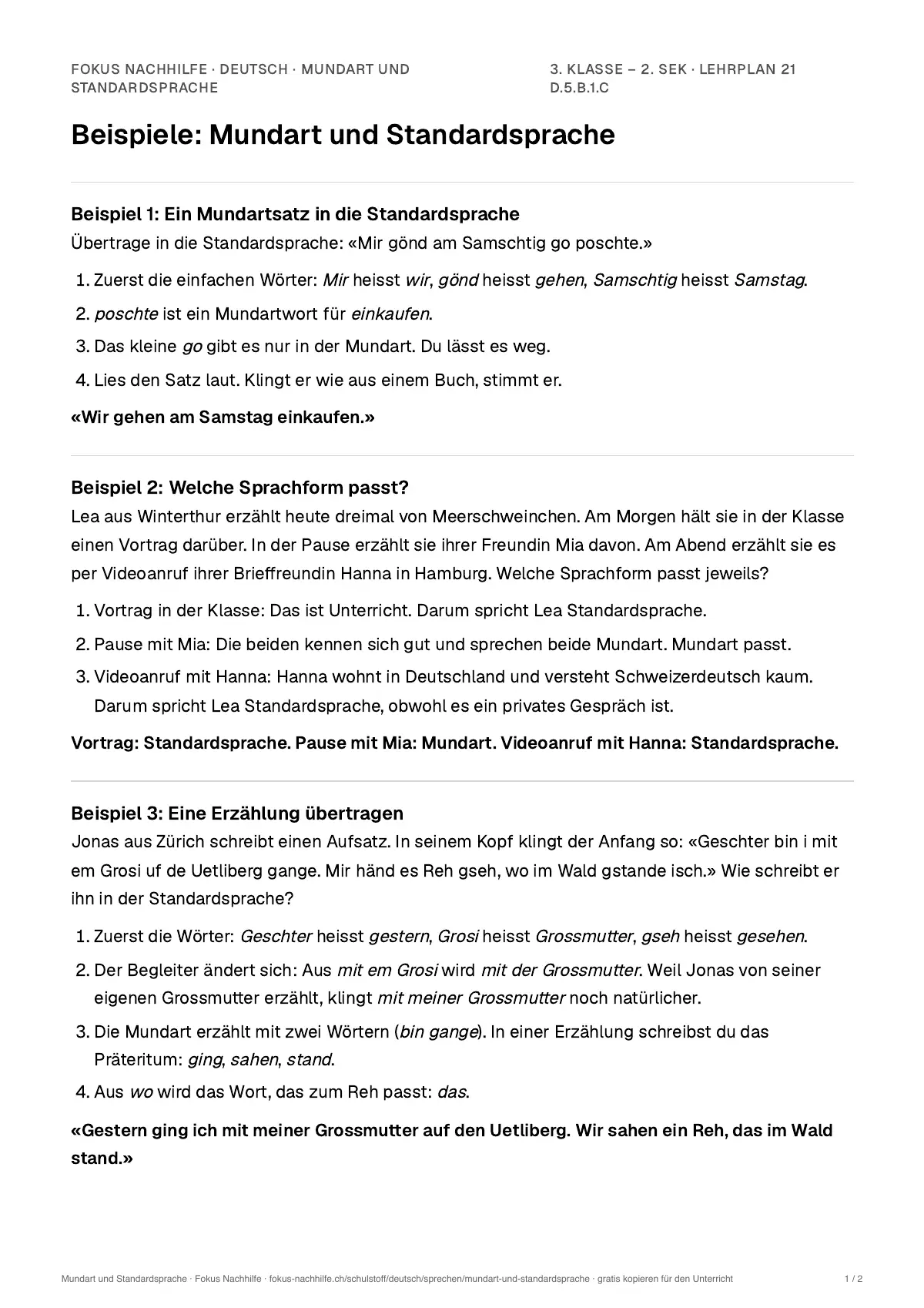 Beispiele Mundart und Standardsprache zum Ausdrucken: erste Seite, Aufgaben Schritt für Schritt gelöst