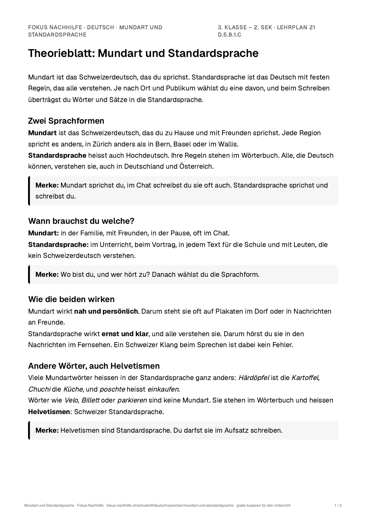 Theorieblatt Mundart und Standardsprache zum Ausdrucken: erste Seite der Erklärung