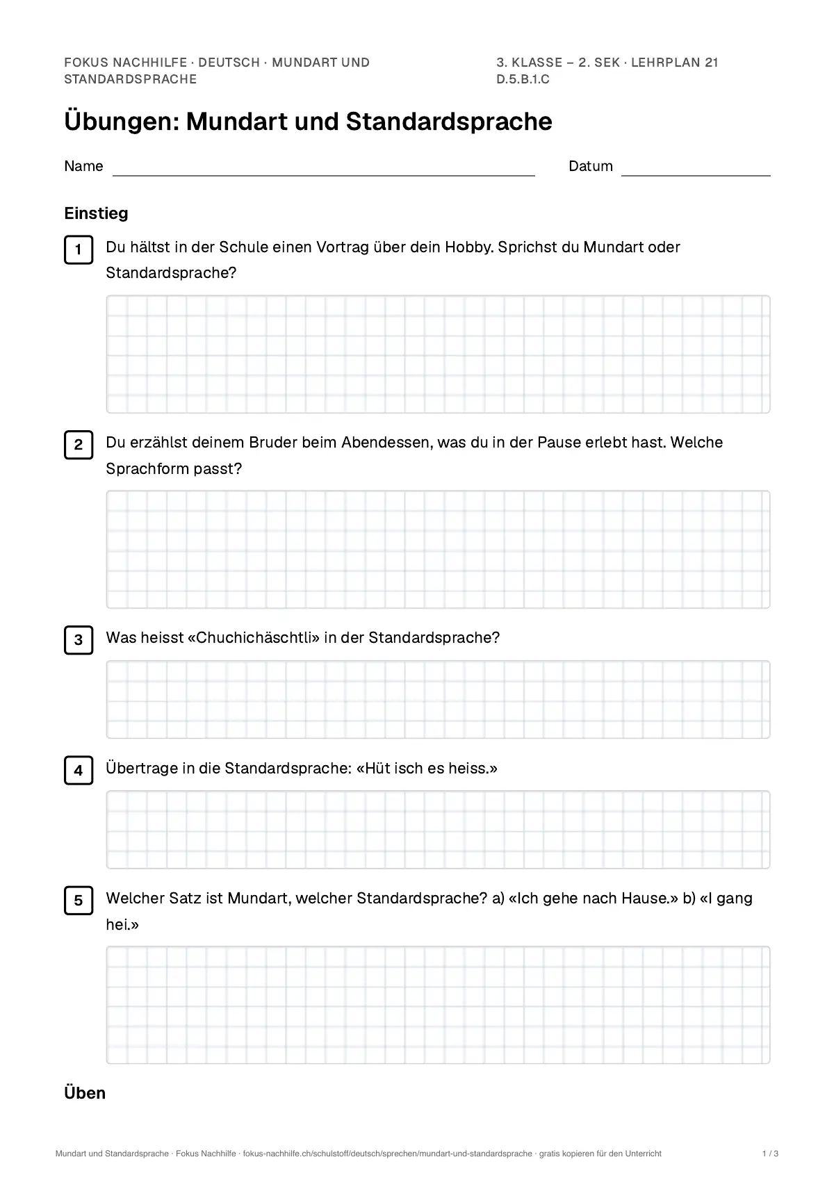 Übungsblatt Mundart und Standardsprache zum Ausdrucken: erste Seite der Übungen, Lösungen auf eigenem Blatt
