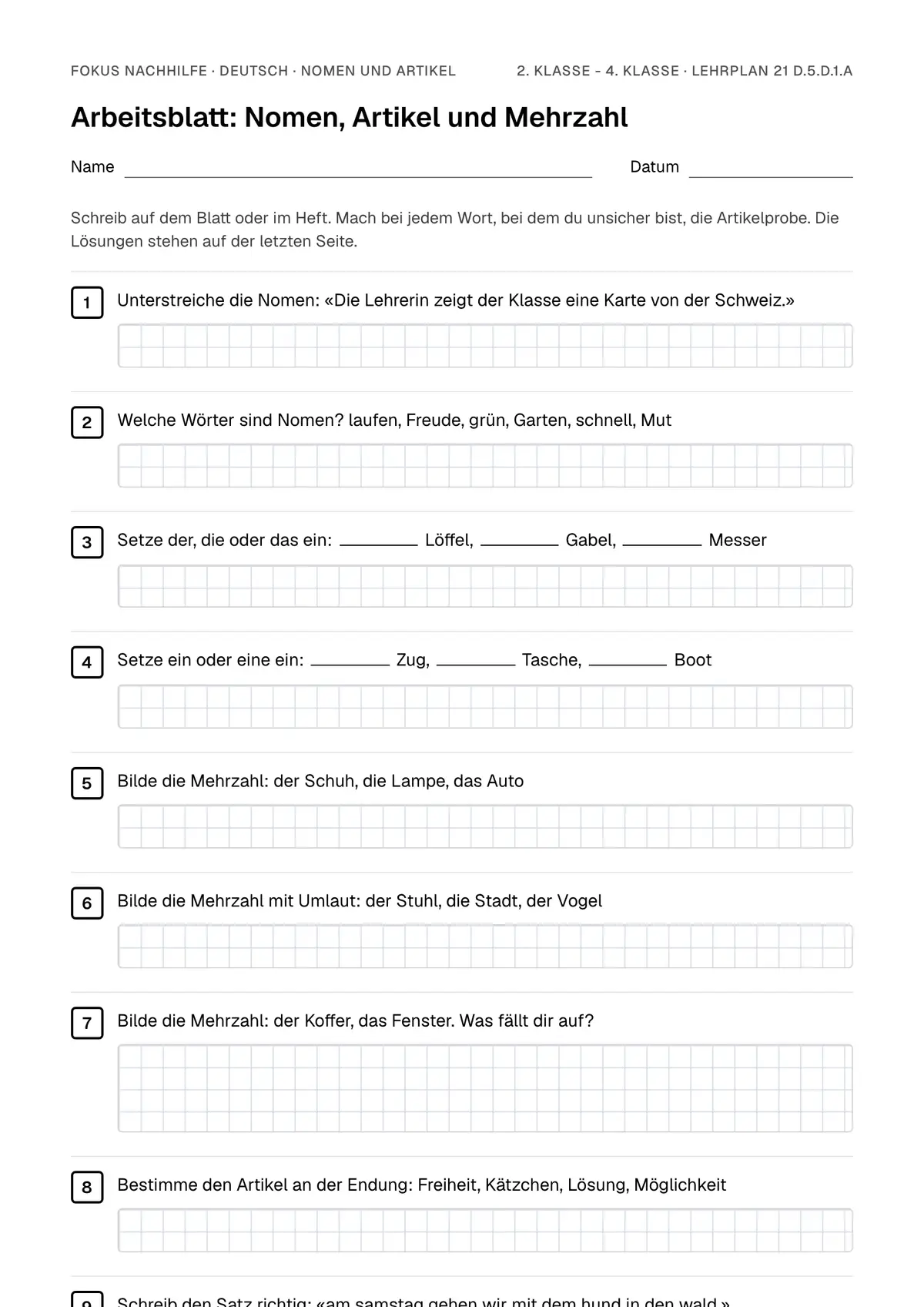 Arbeitsblatt Nomen und Artikel zum Ausfüllen mit Name und Datum: erste Seite, mit Lösungsblatt