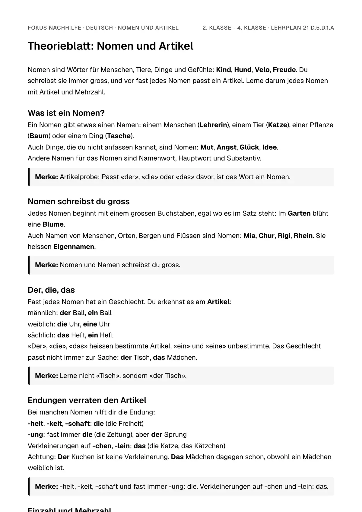 Theorieblatt Nomen und Artikel zum Ausdrucken: erste Seite der Erklärung
