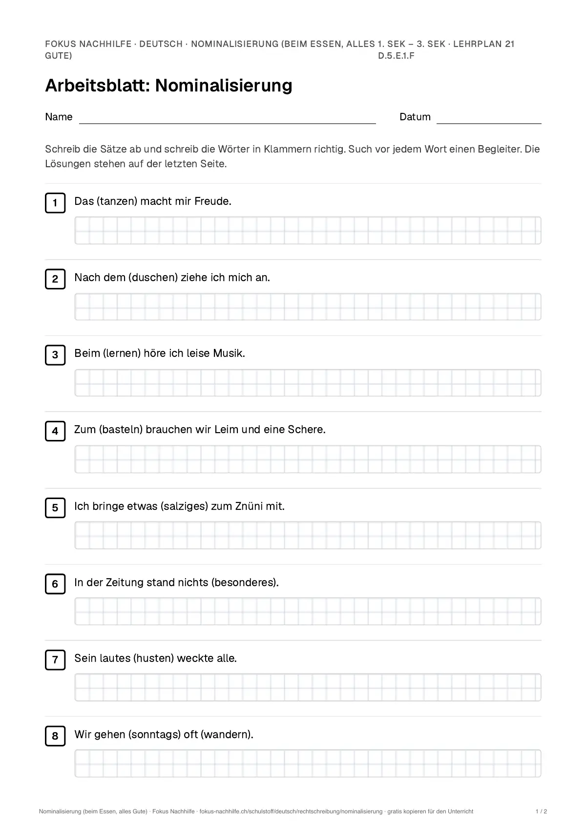 Arbeitsblatt Nominalisierung (beim Essen, alles Gute) zum Ausfüllen mit Name und Datum: erste Seite, mit Lösungsblatt