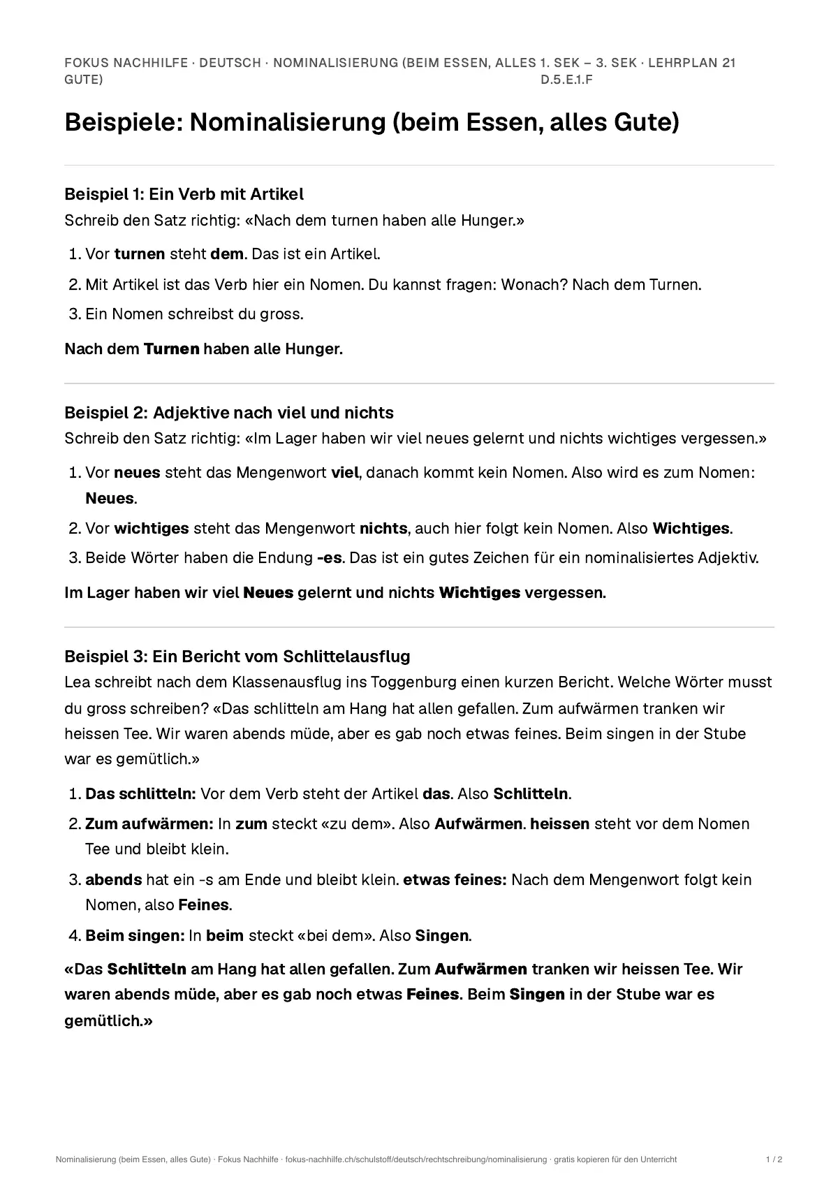 Beispiele Nominalisierung (beim Essen, alles Gute) zum Ausdrucken: erste Seite, Aufgaben Schritt für Schritt gelöst