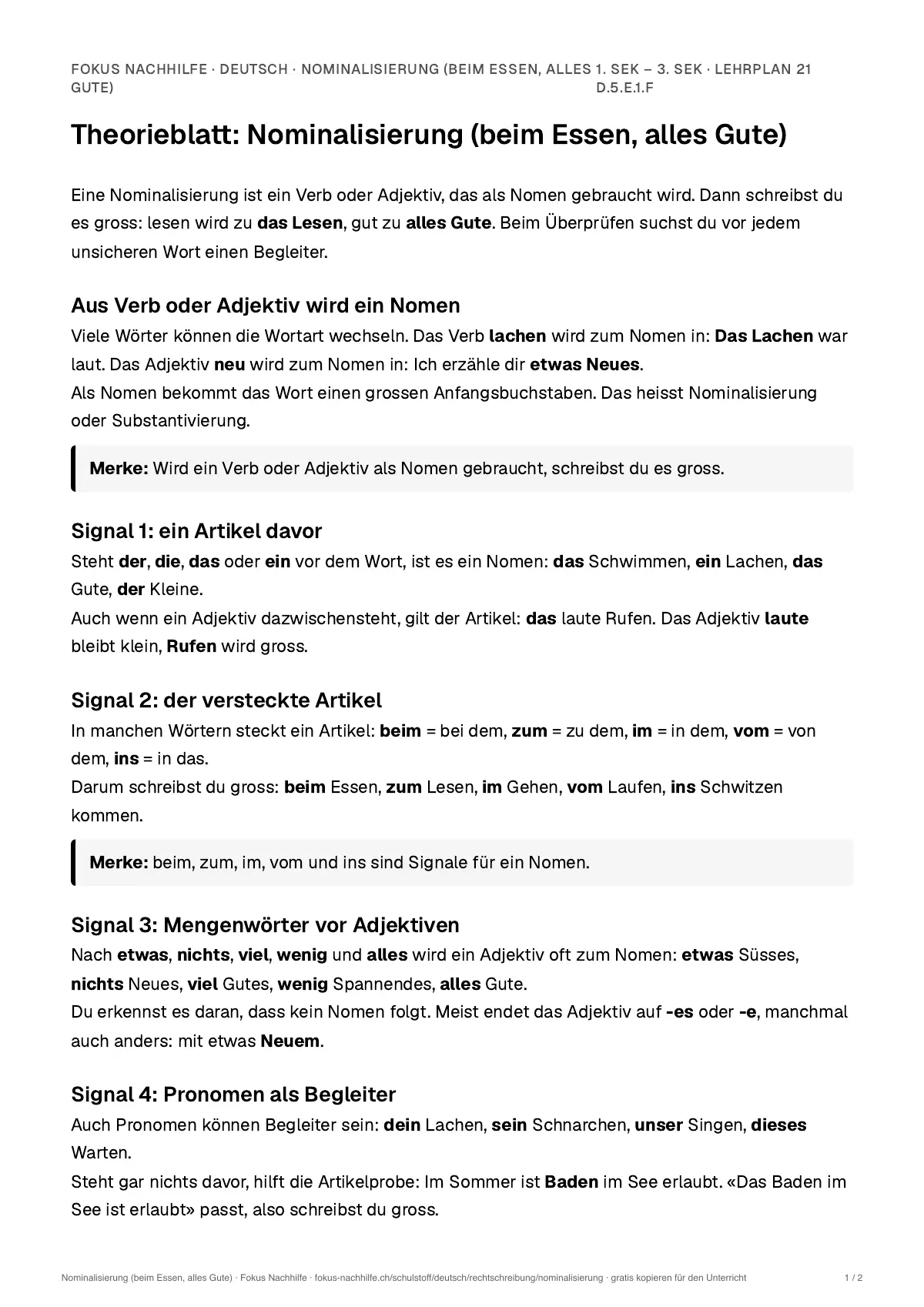 Theorieblatt Nominalisierung (beim Essen, alles Gute) zum Ausdrucken: erste Seite der Erklärung