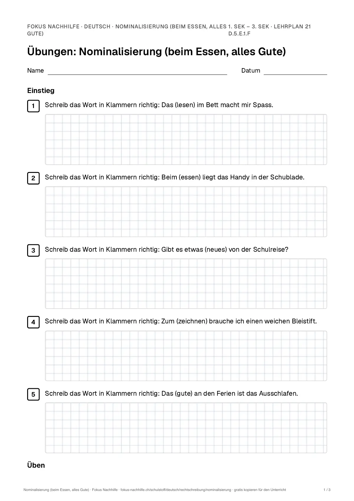 Übungsblatt Nominalisierung (beim Essen, alles Gute) zum Ausdrucken: erste Seite der Übungen, Lösungen auf eigenem Blatt