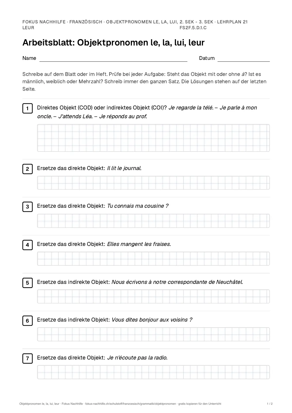 Arbeitsblatt Objektpronomen le, la, lui, leur zum Ausfüllen mit Name und Datum: erste Seite, mit Lösungsblatt