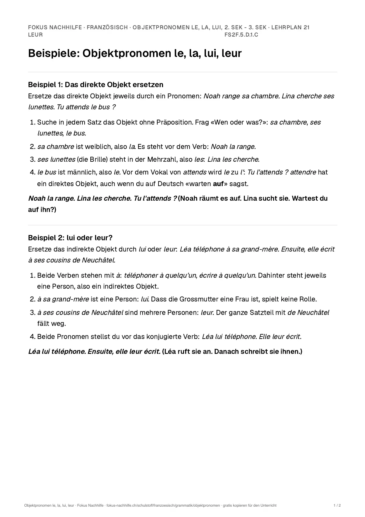 Beispiele Objektpronomen le, la, lui, leur zum Ausdrucken: erste Seite, Aufgaben Schritt für Schritt gelöst