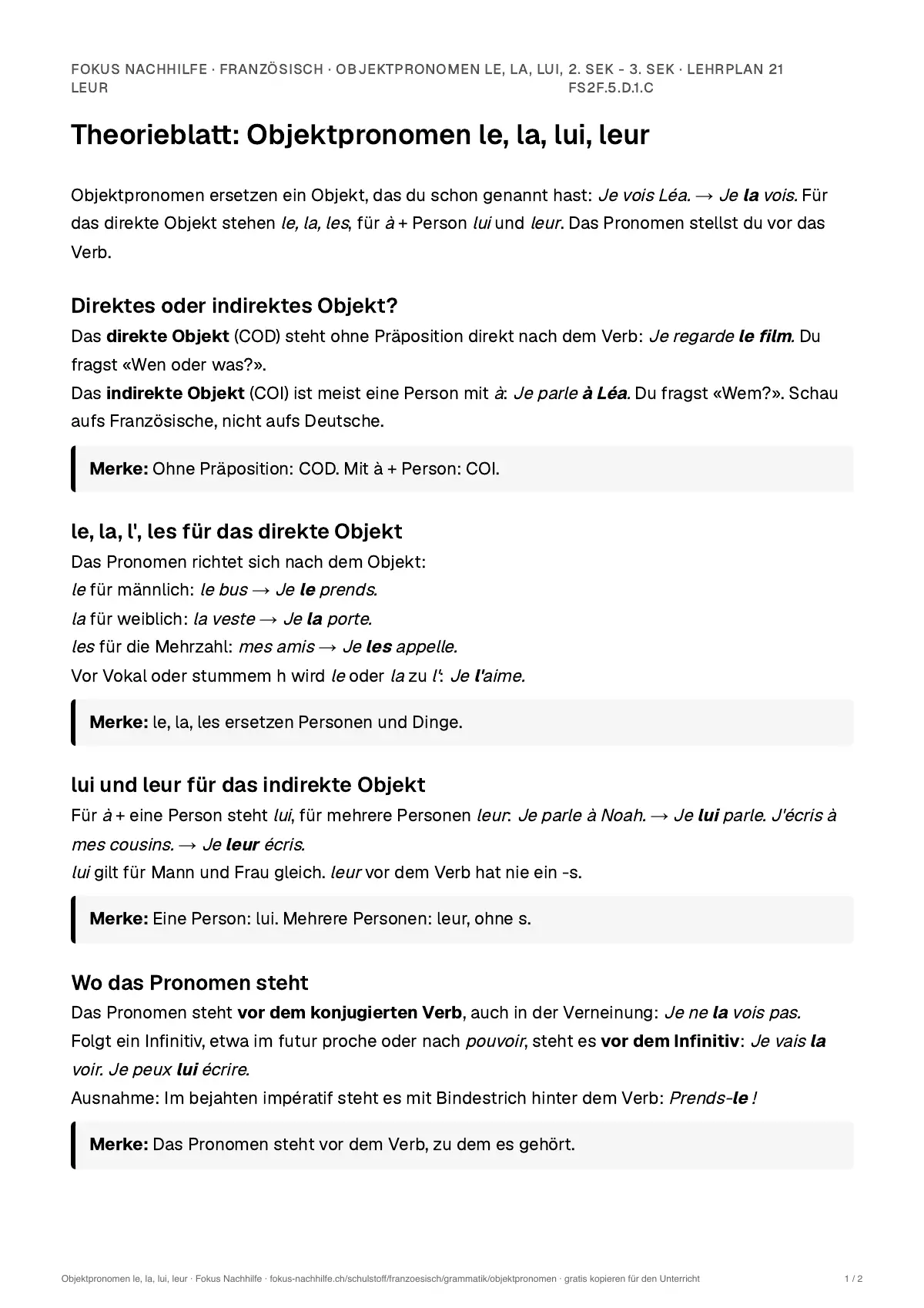 Theorieblatt Objektpronomen le, la, lui, leur zum Ausdrucken: erste Seite der Erklärung