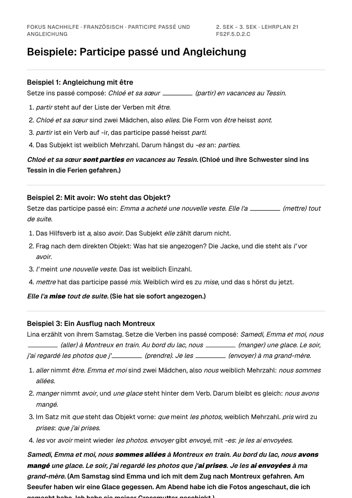 Beispiele Participe passé und Angleichung zum Ausdrucken: erste Seite, Aufgaben Schritt für Schritt gelöst