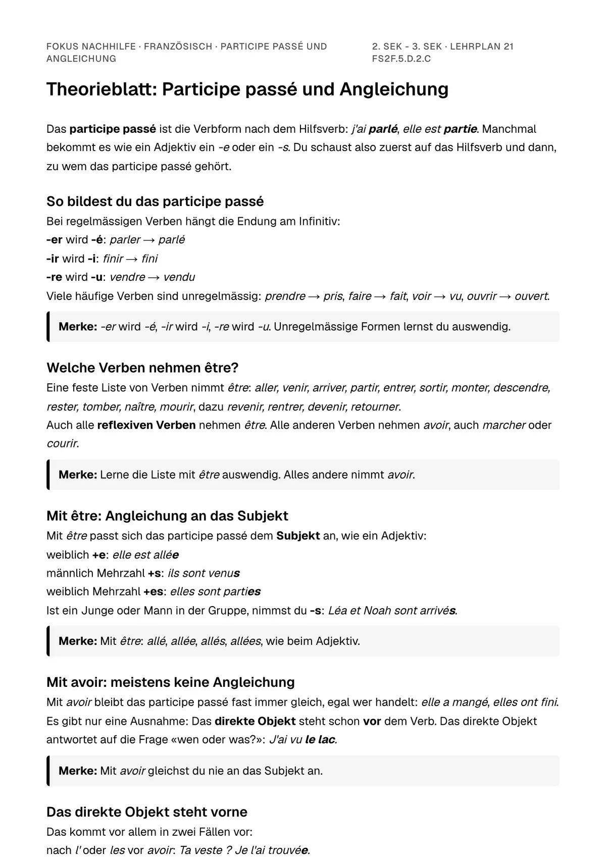 Theorieblatt Participe passé und Angleichung zum Ausdrucken: erste Seite der Erklärung