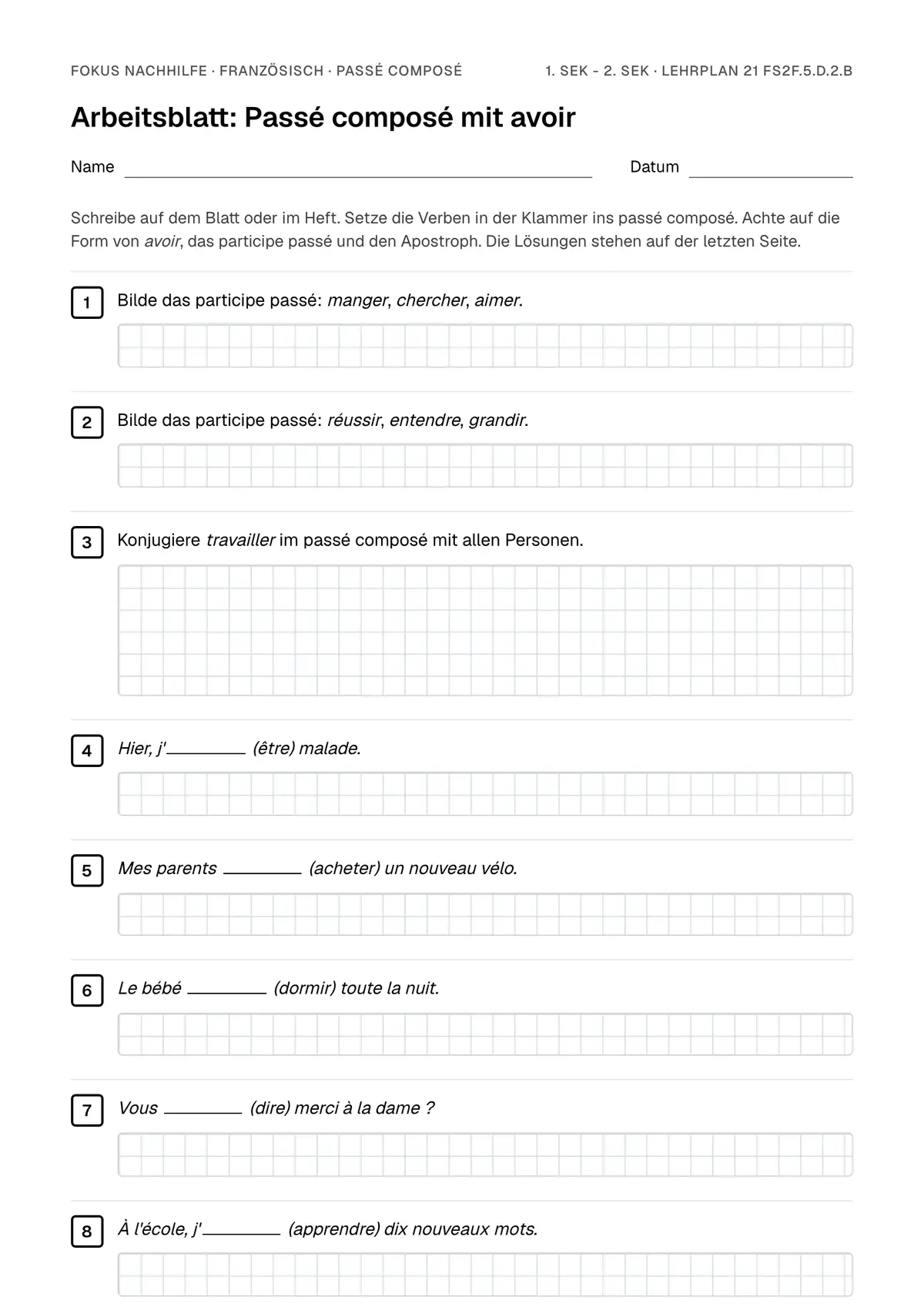 Arbeitsblatt Passé composé zum Ausfüllen mit Name und Datum: erste Seite, mit Lösungsblatt