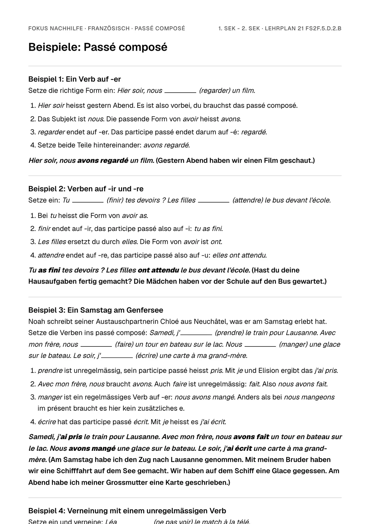 Beispiele Passé composé zum Ausdrucken: erste Seite, Aufgaben Schritt für Schritt gelöst