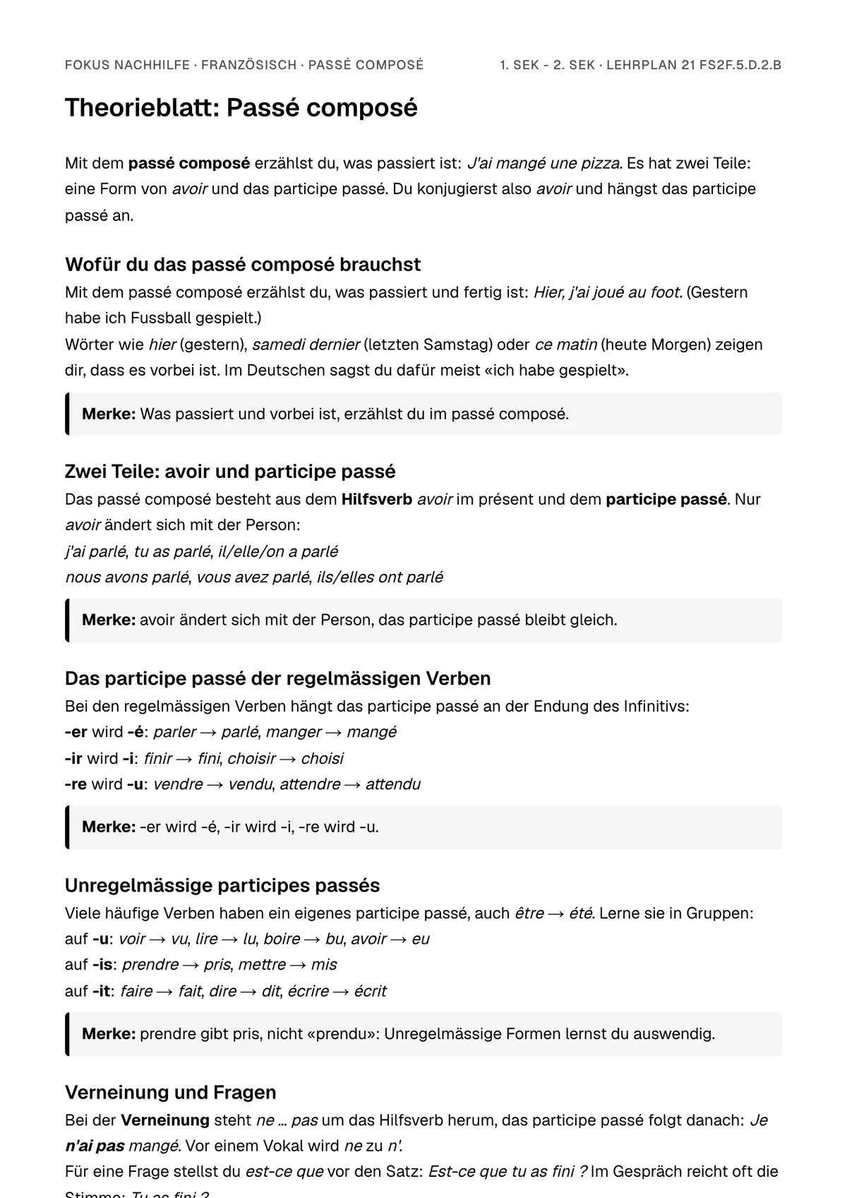 Theorieblatt Passé composé zum Ausdrucken: erste Seite der Erklärung