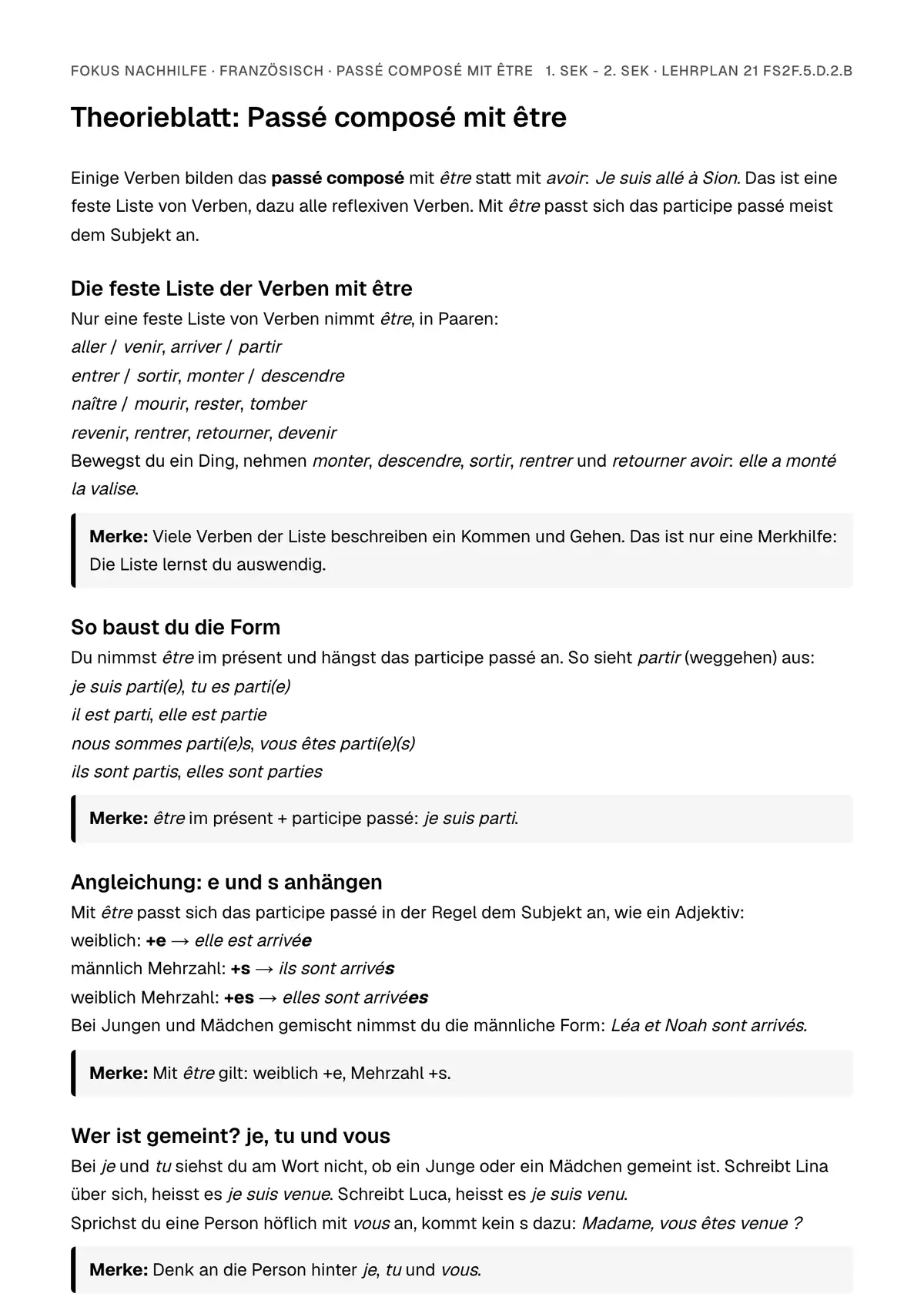 Theorieblatt Passé composé mit être zum Ausdrucken: erste Seite der Erklärung