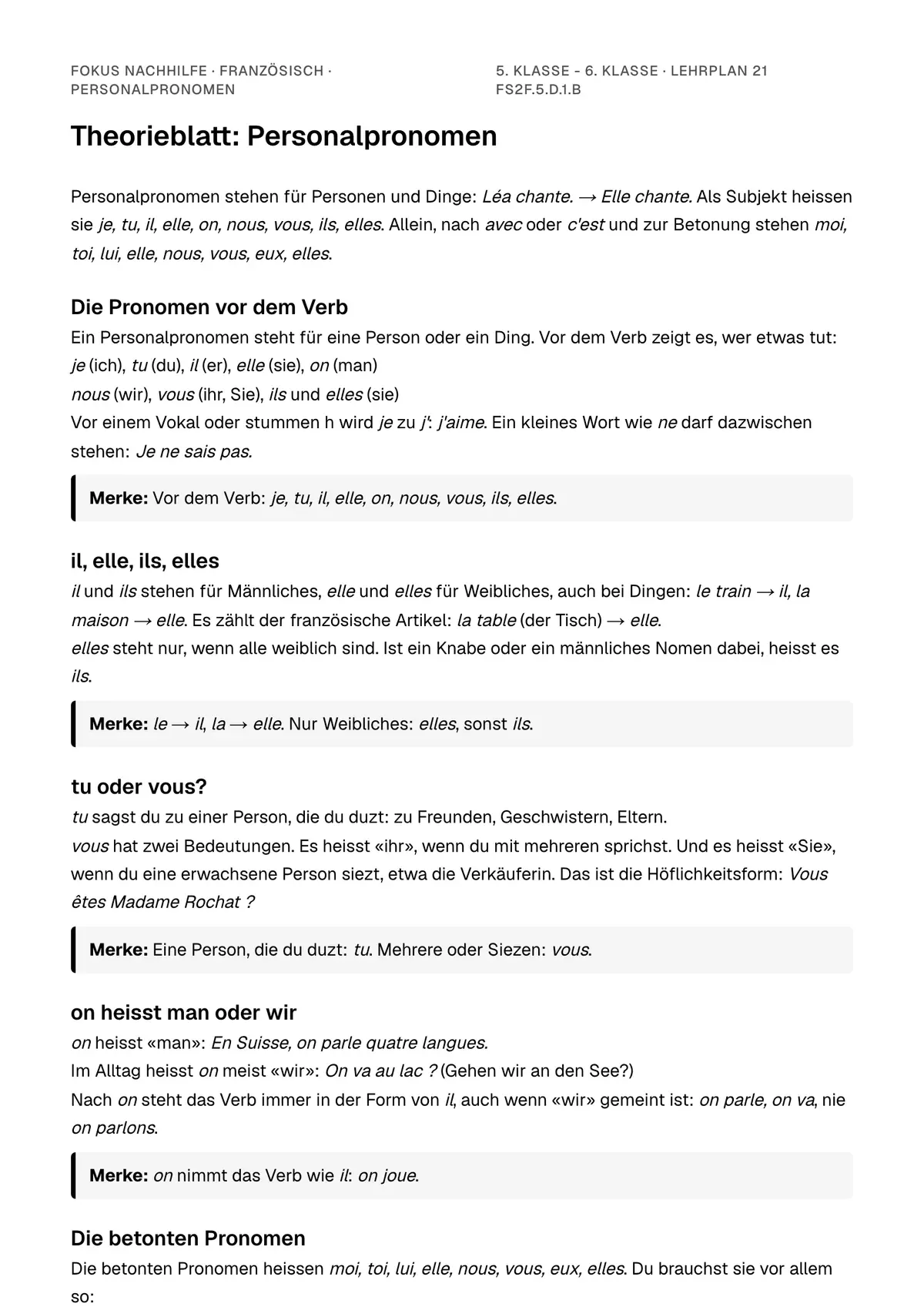 Theorieblatt Personalpronomen zum Ausdrucken: erste Seite der Erklärung
