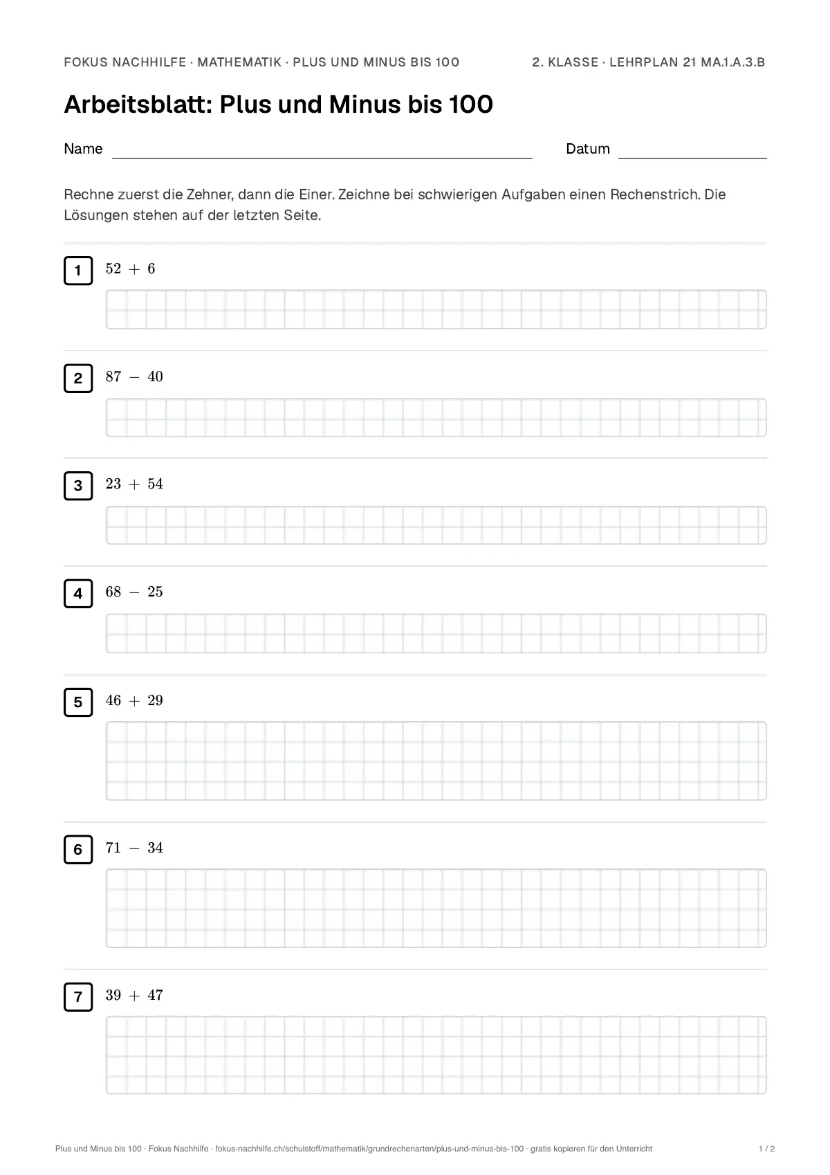 Arbeitsblatt Plus und Minus bis 100 zum Ausfüllen mit Name und Datum: erste Seite, mit Lösungsblatt