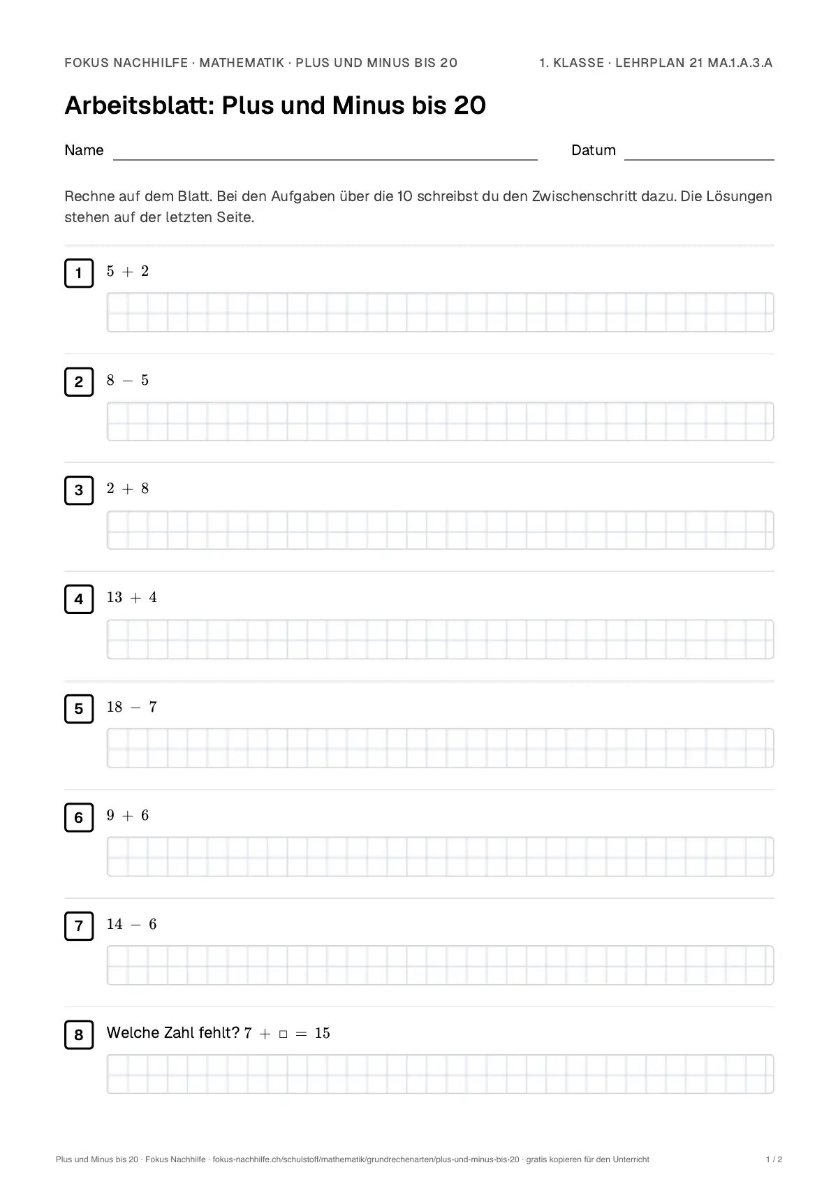 Arbeitsblatt Plus und Minus bis 20 zum Ausfüllen mit Name und Datum: erste Seite, mit Lösungsblatt