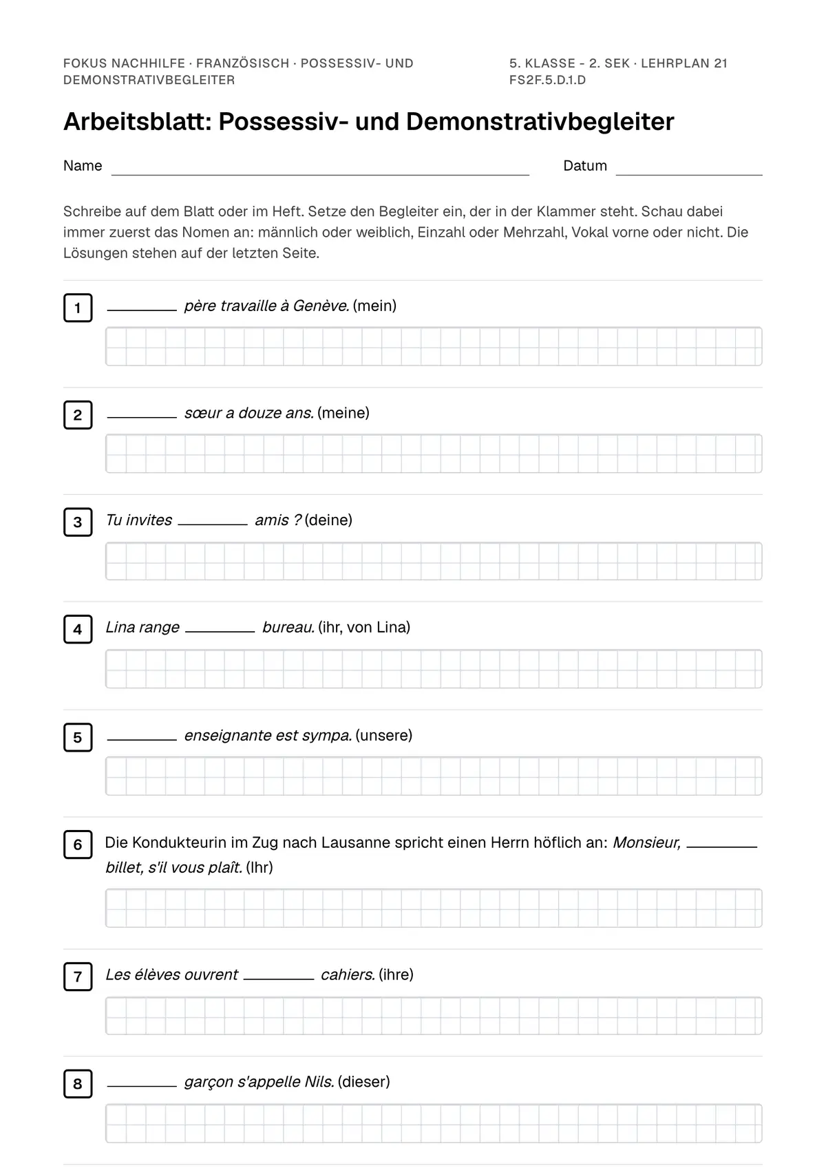 Arbeitsblatt Possessiv- und Demonstrativbegleiter zum Ausfüllen mit Name und Datum: erste Seite, mit Lösungsblatt