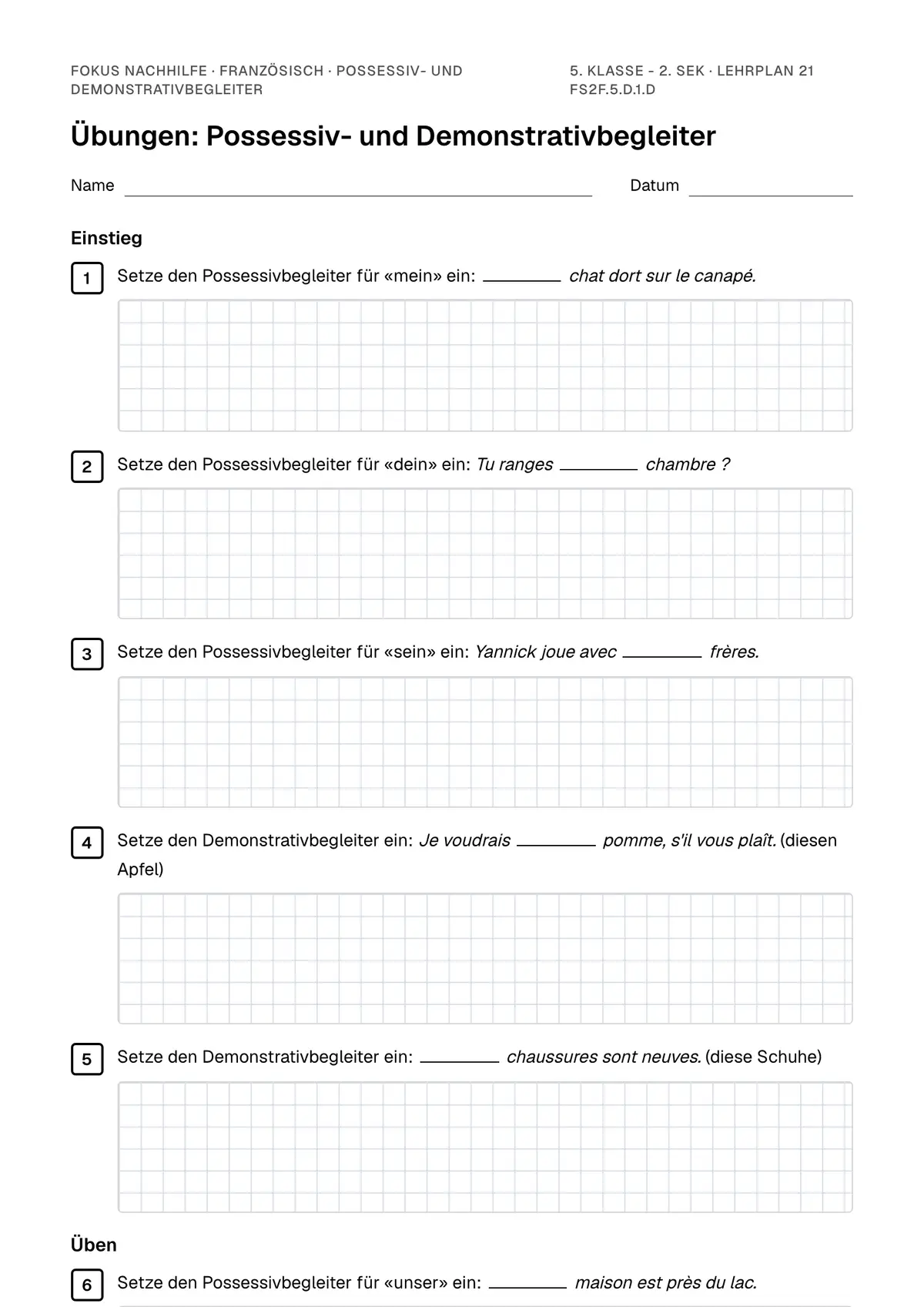 Übungsblatt Possessiv- und Demonstrativbegleiter zum Ausdrucken: erste Seite der Übungen, Lösungen auf eigenem Blatt