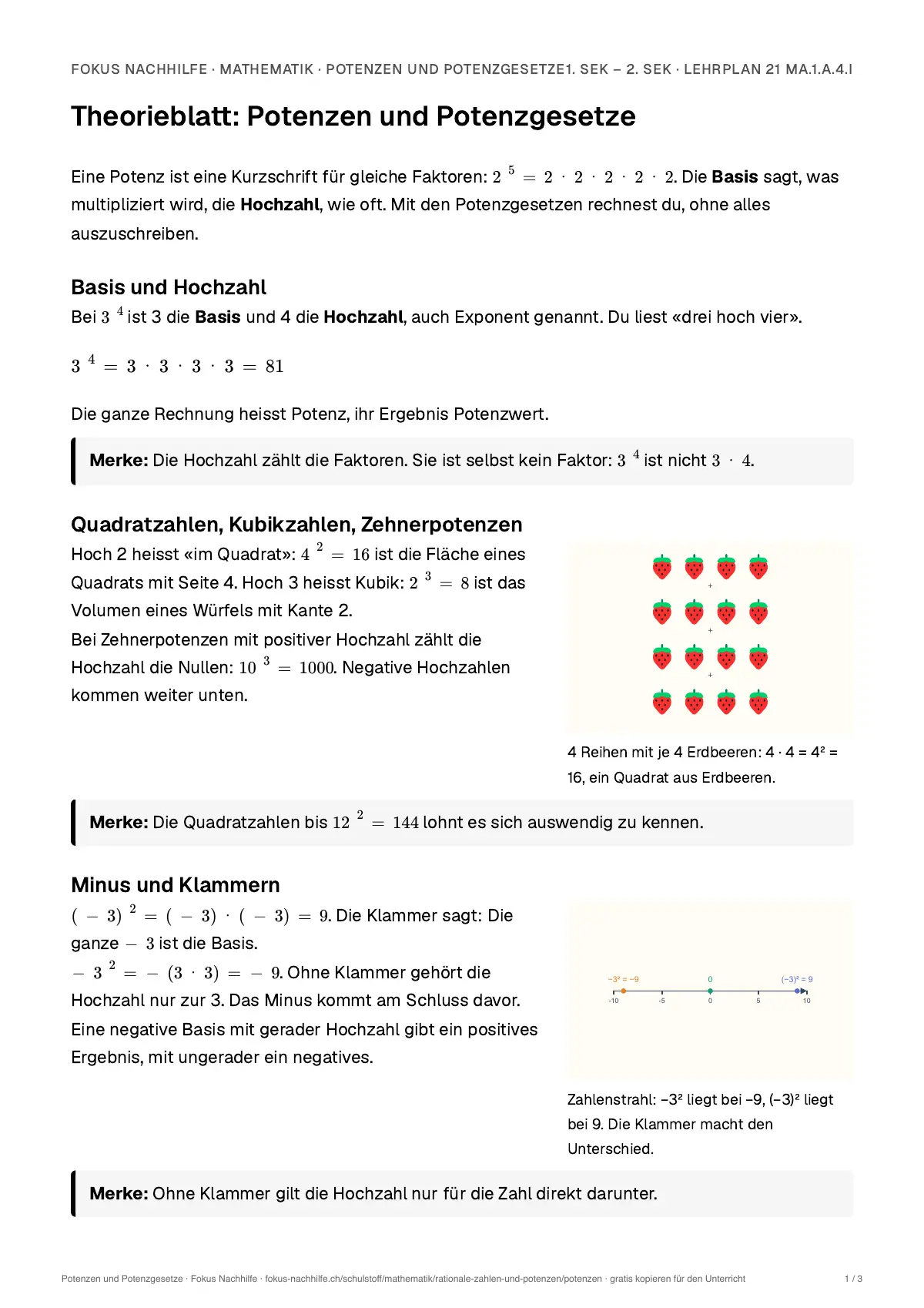 Theorieblatt Potenzen und Potenzgesetze zum Ausdrucken: erste Seite der Erklärung