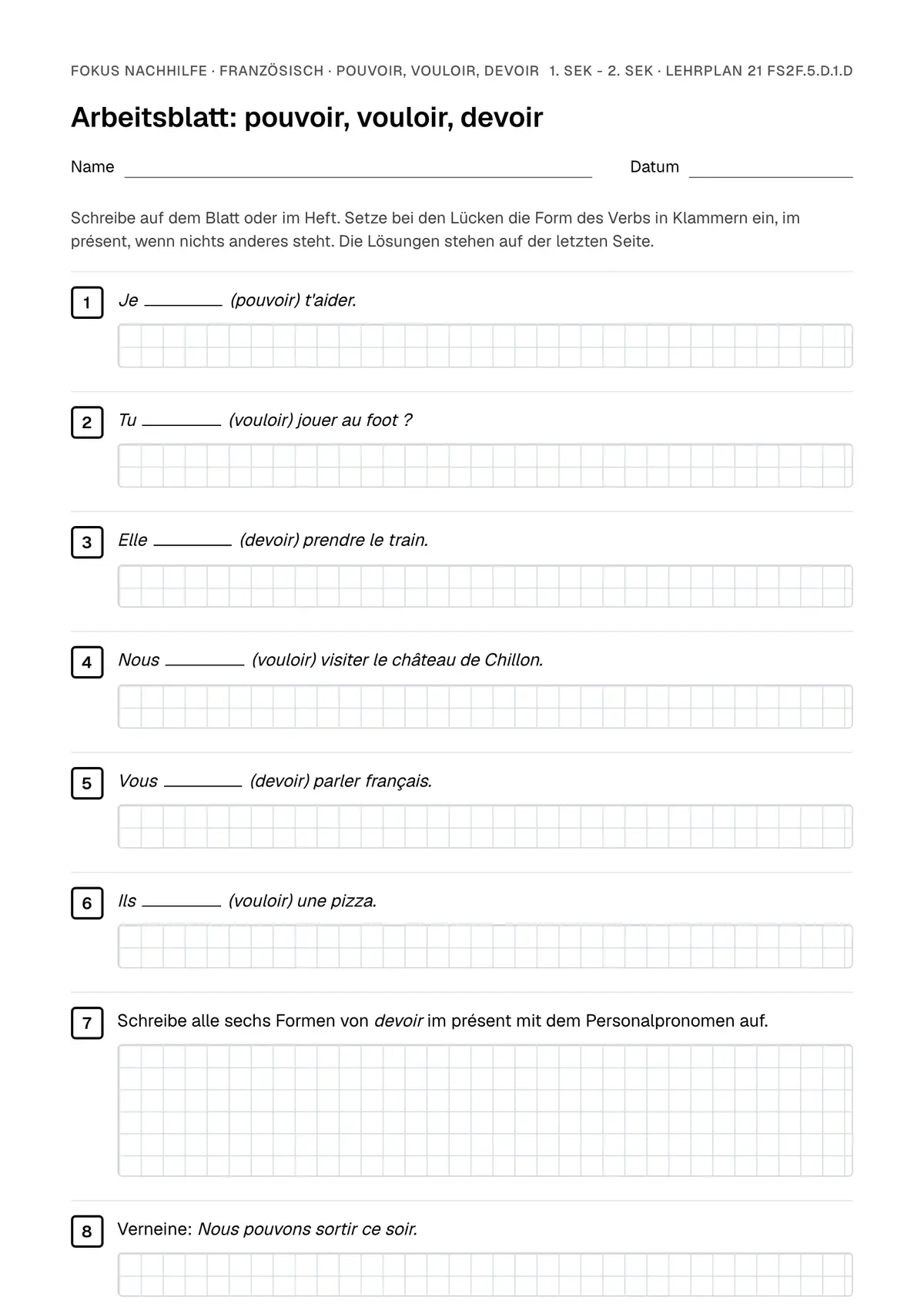 Arbeitsblatt pouvoir, vouloir, devoir zum Ausfüllen mit Name und Datum: erste Seite, mit Lösungsblatt