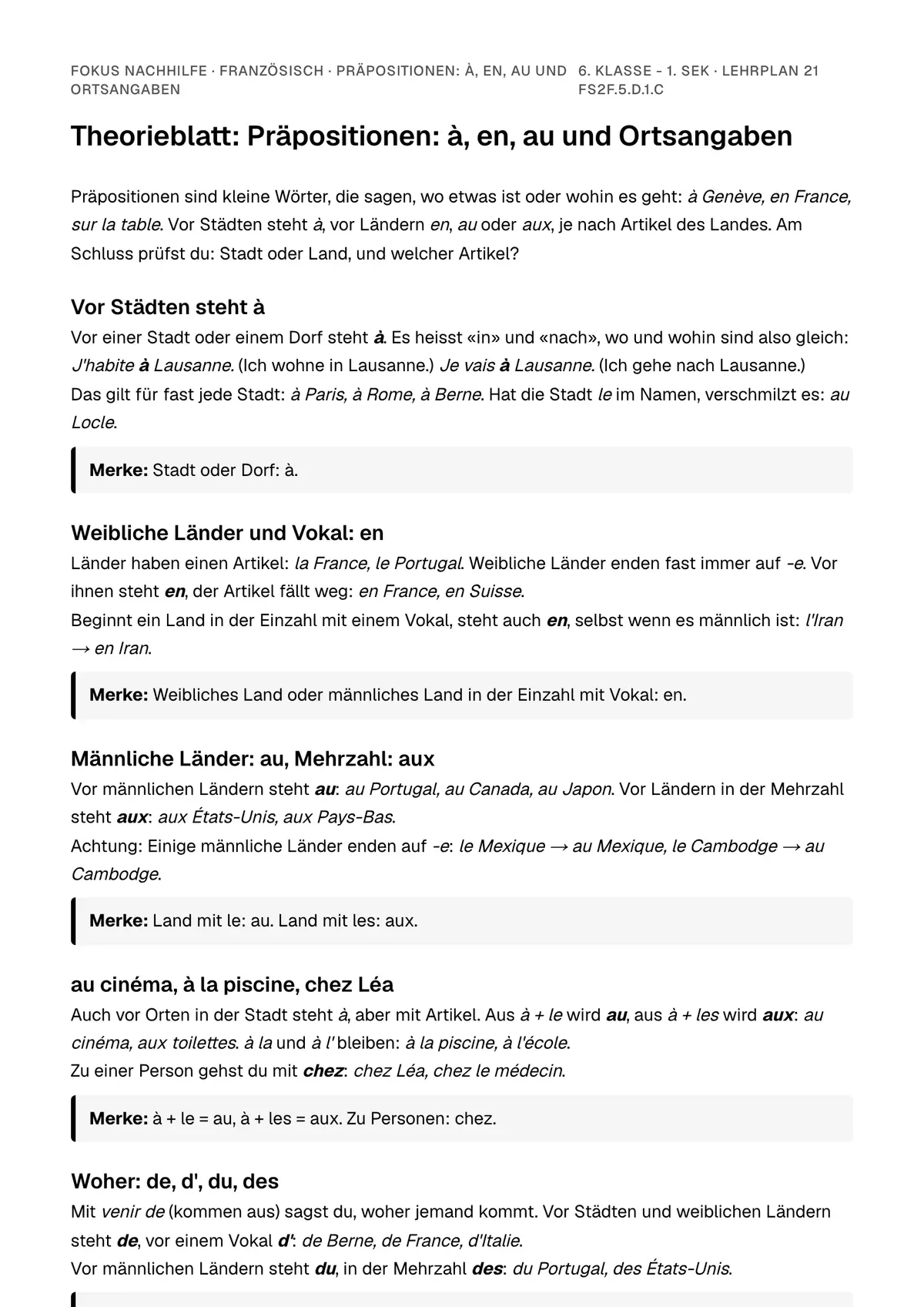 Theorieblatt Präpositionen: à, en, au und Ortsangaben zum Ausdrucken: erste Seite der Erklärung