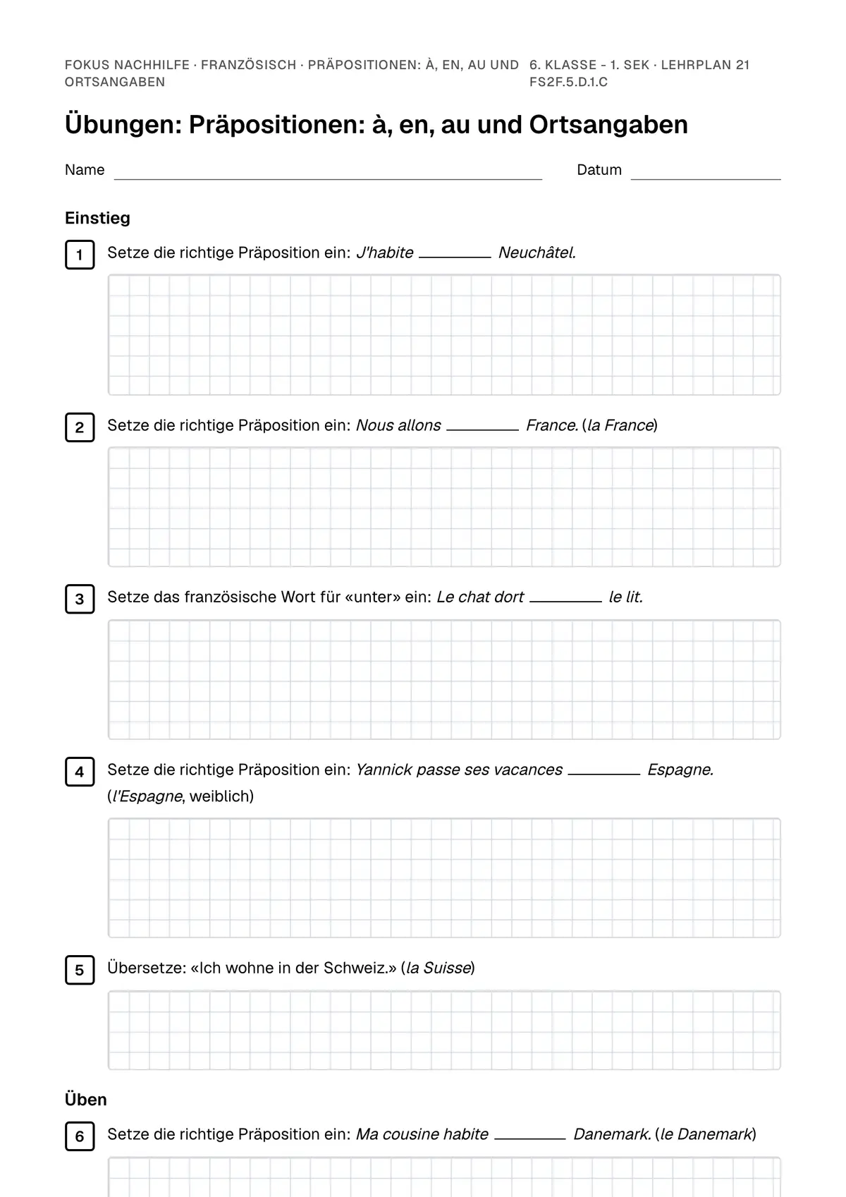 Übungsblatt Präpositionen: à, en, au und Ortsangaben zum Ausdrucken: erste Seite der Übungen, Lösungen auf eigenem Blatt