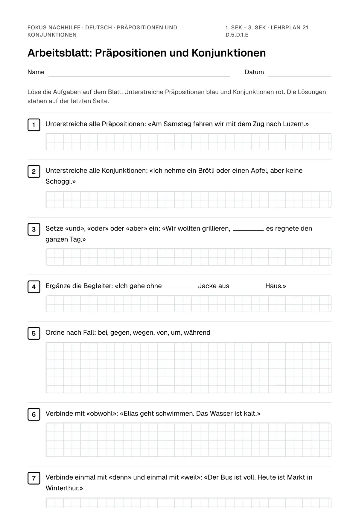 Arbeitsblatt Präpositionen und Konjunktionen zum Ausfüllen mit Name und Datum: erste Seite, mit Lösungsblatt
