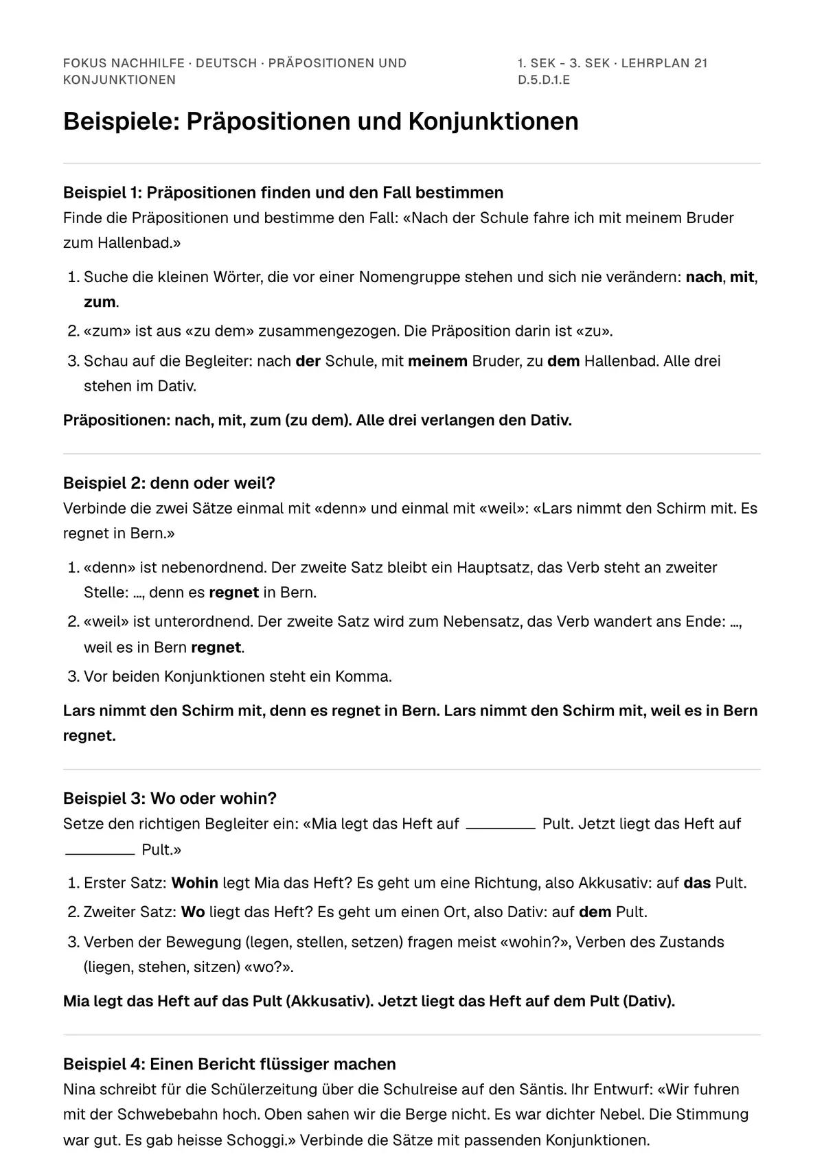 Beispiele Präpositionen und Konjunktionen zum Ausdrucken: erste Seite, Aufgaben Schritt für Schritt gelöst