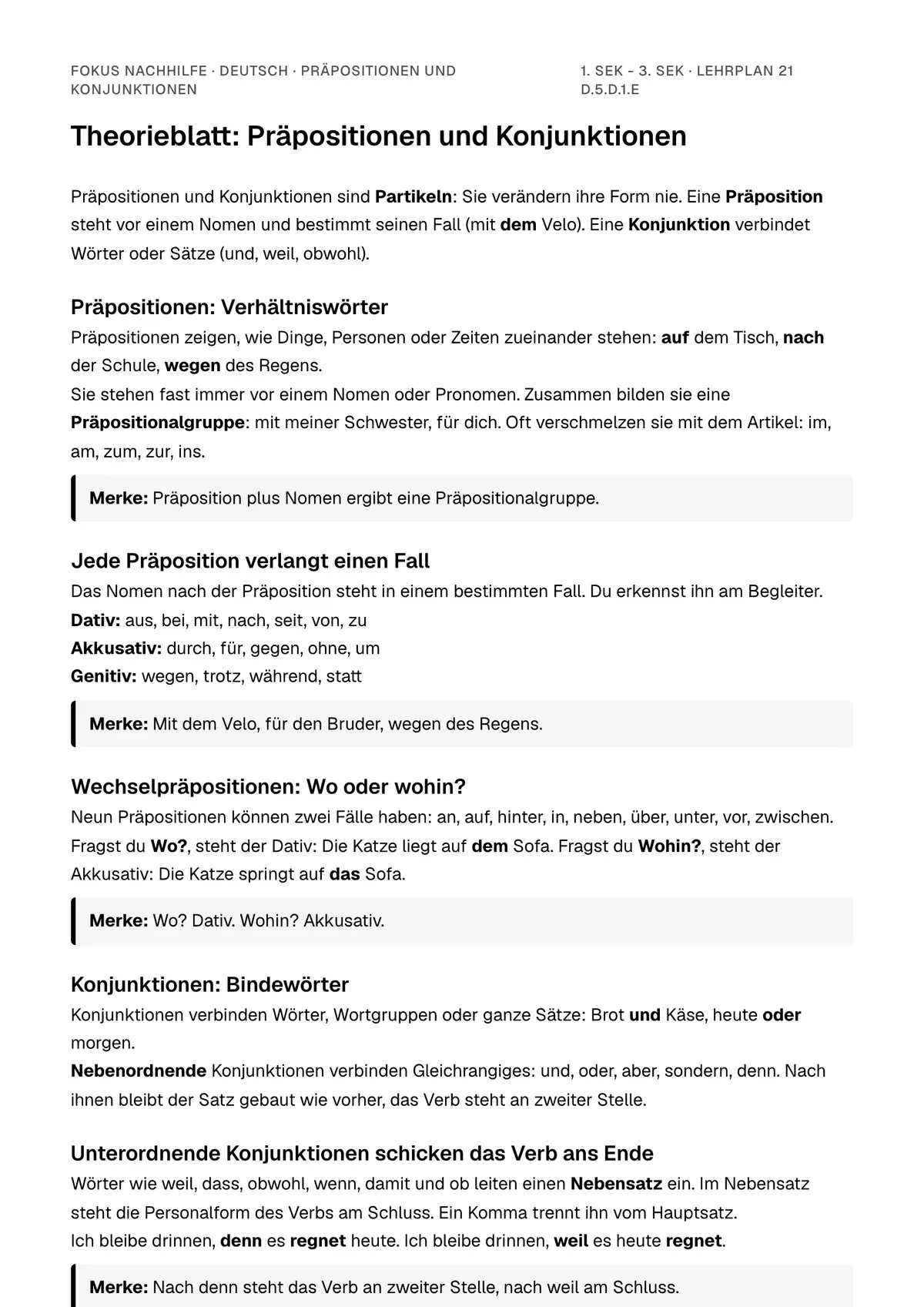 Theorieblatt Präpositionen und Konjunktionen zum Ausdrucken: erste Seite der Erklärung