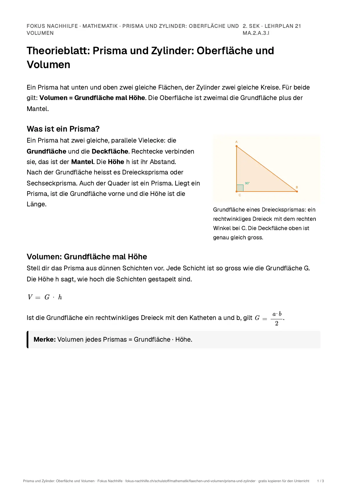 Theorieblatt Prisma und Zylinder: Oberfläche und Volumen zum Ausdrucken: erste Seite der Erklärung