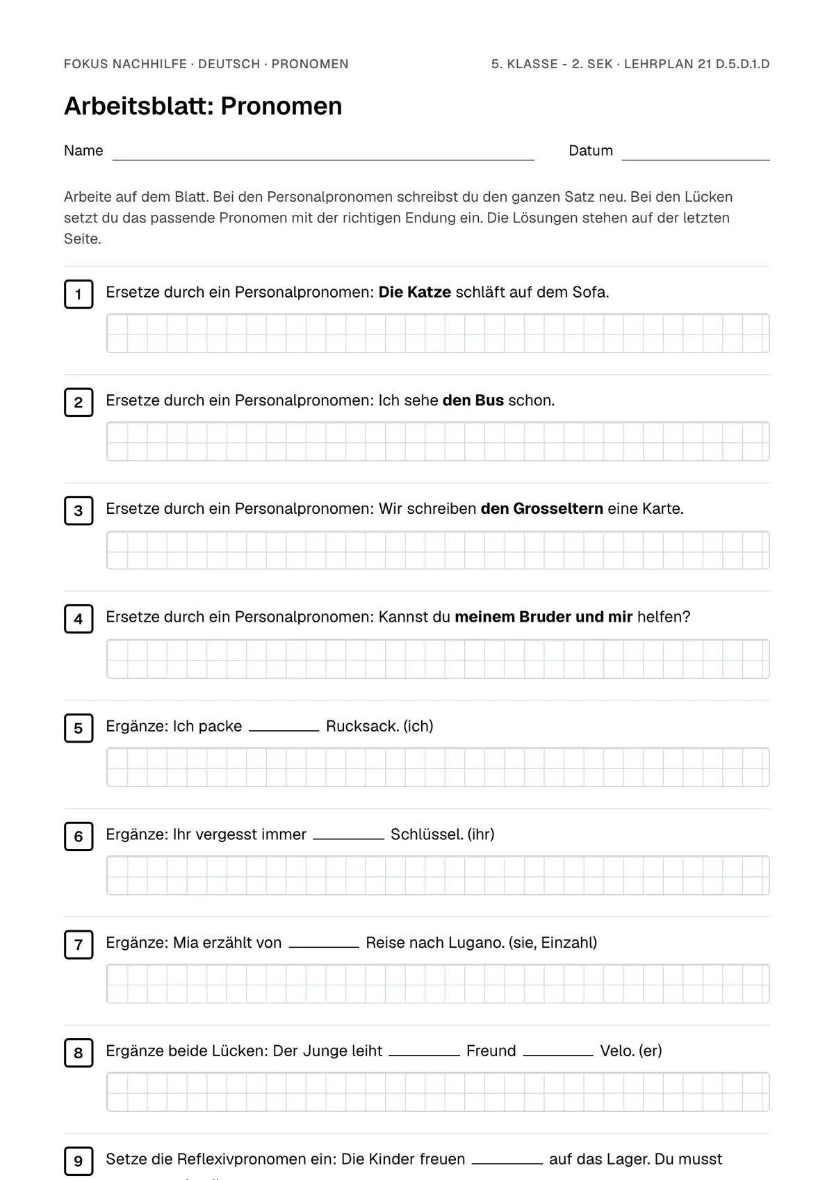 Arbeitsblatt Pronomen zum Ausfüllen mit Name und Datum: erste Seite, mit Lösungsblatt