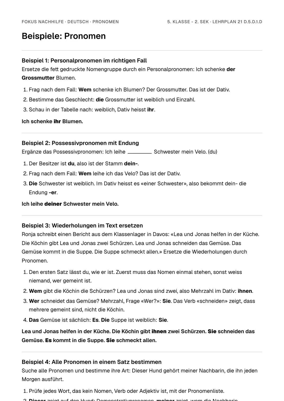 Beispiele Pronomen zum Ausdrucken: erste Seite, Aufgaben Schritt für Schritt gelöst