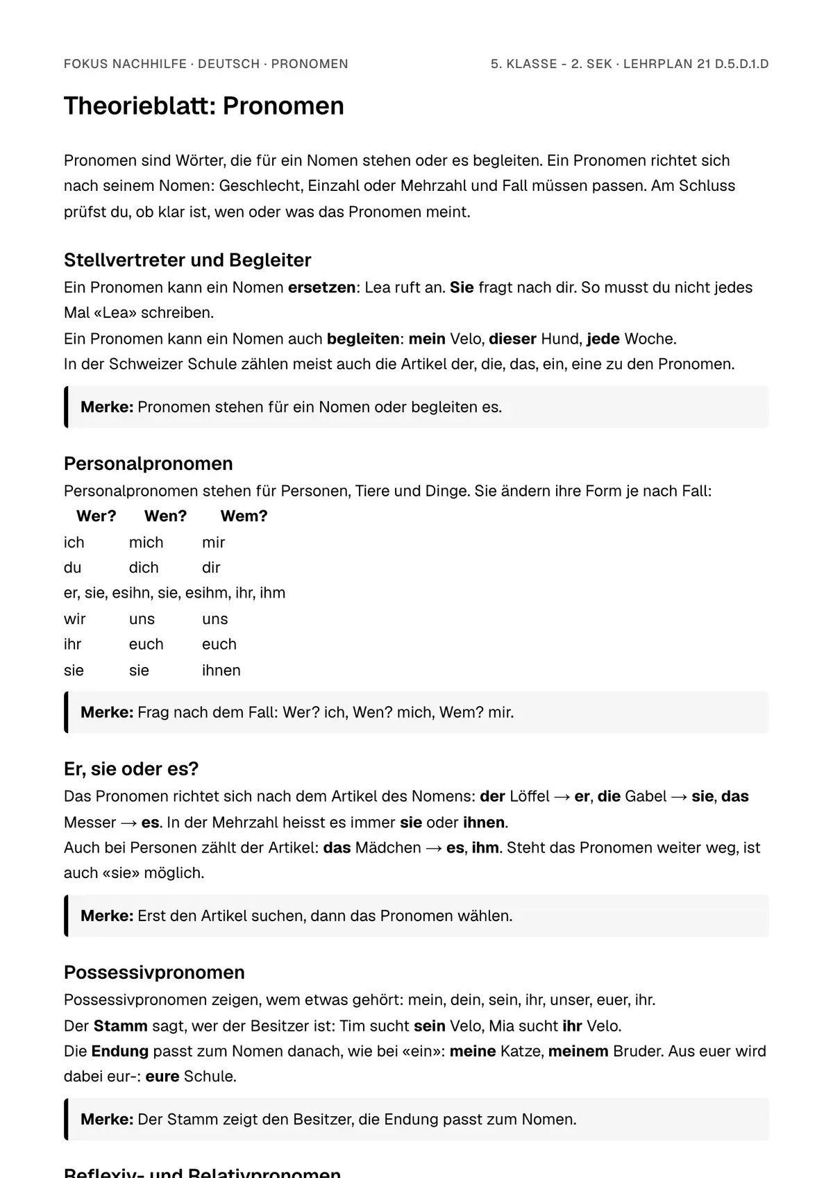 Theorieblatt Pronomen zum Ausdrucken: erste Seite der Erklärung