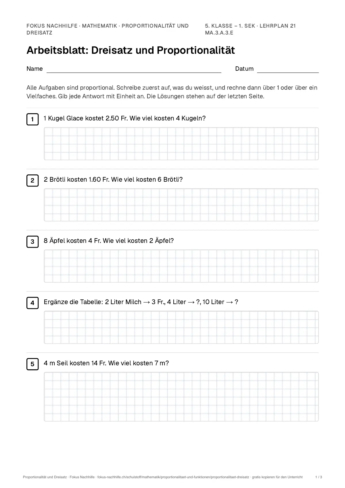 Arbeitsblatt Proportionalität und Dreisatz zum Ausfüllen mit Name und Datum: erste Seite, mit Lösungsblatt