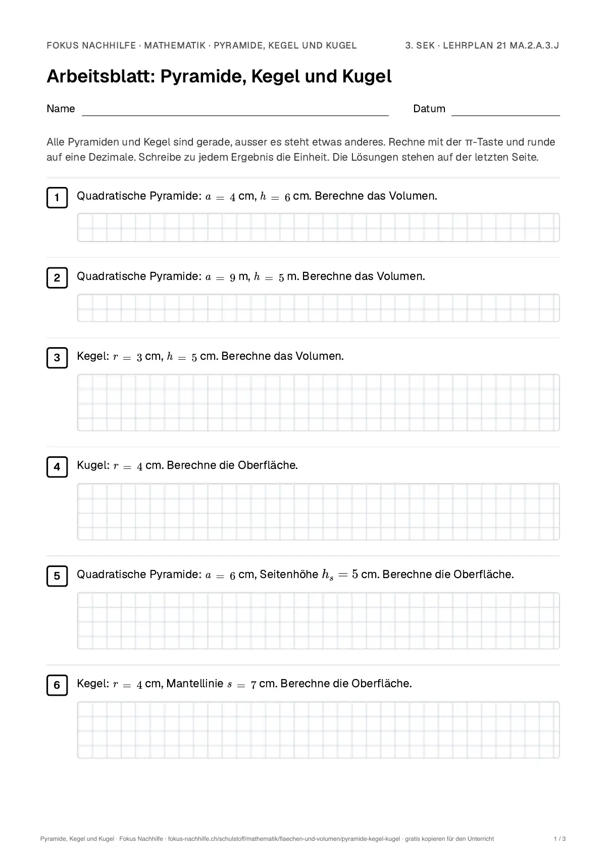 Arbeitsblatt Pyramide, Kegel und Kugel zum Ausfüllen mit Name und Datum: erste Seite, mit Lösungsblatt