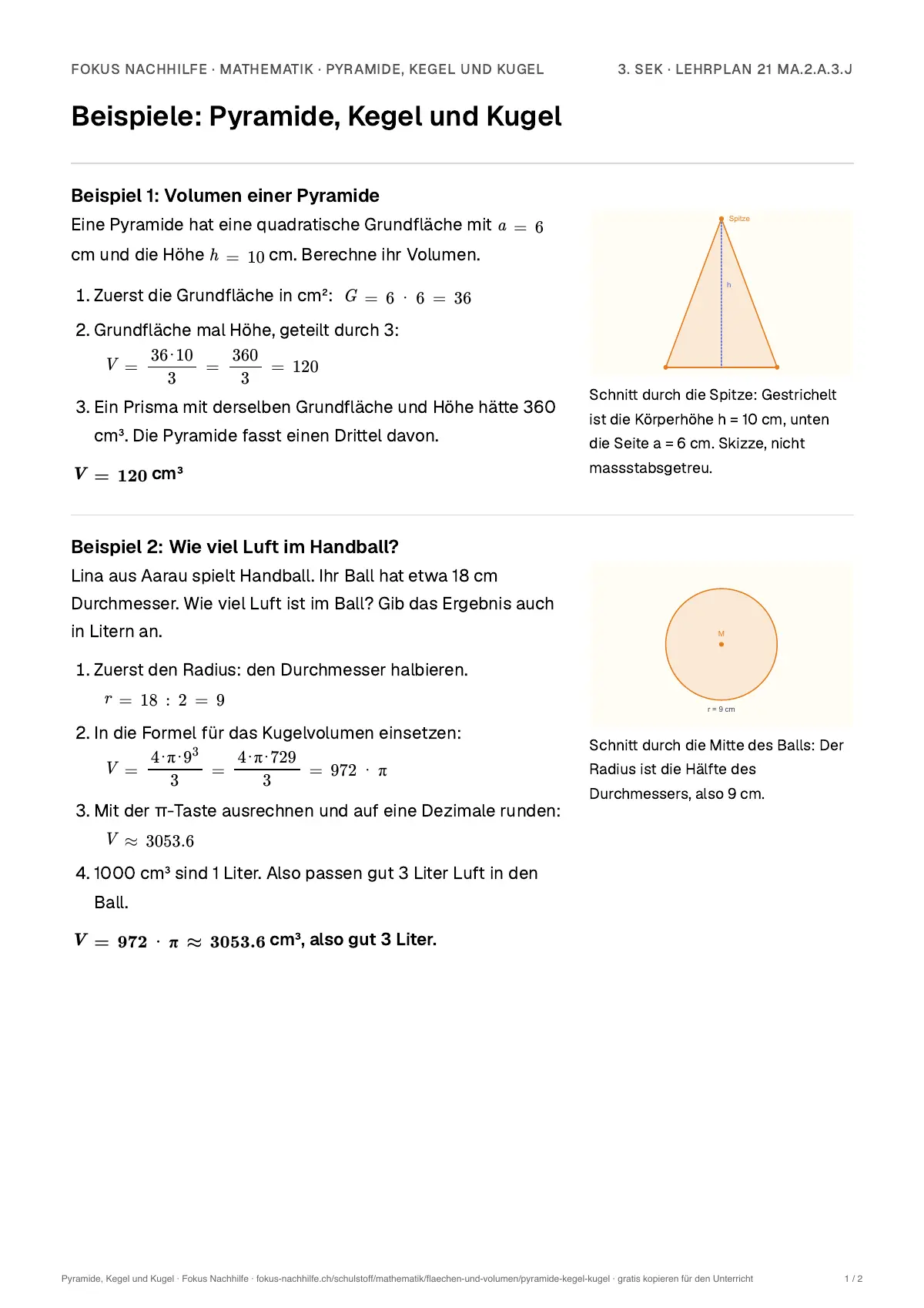 Beispiele Pyramide, Kegel und Kugel zum Ausdrucken: erste Seite, Aufgaben Schritt für Schritt gelöst