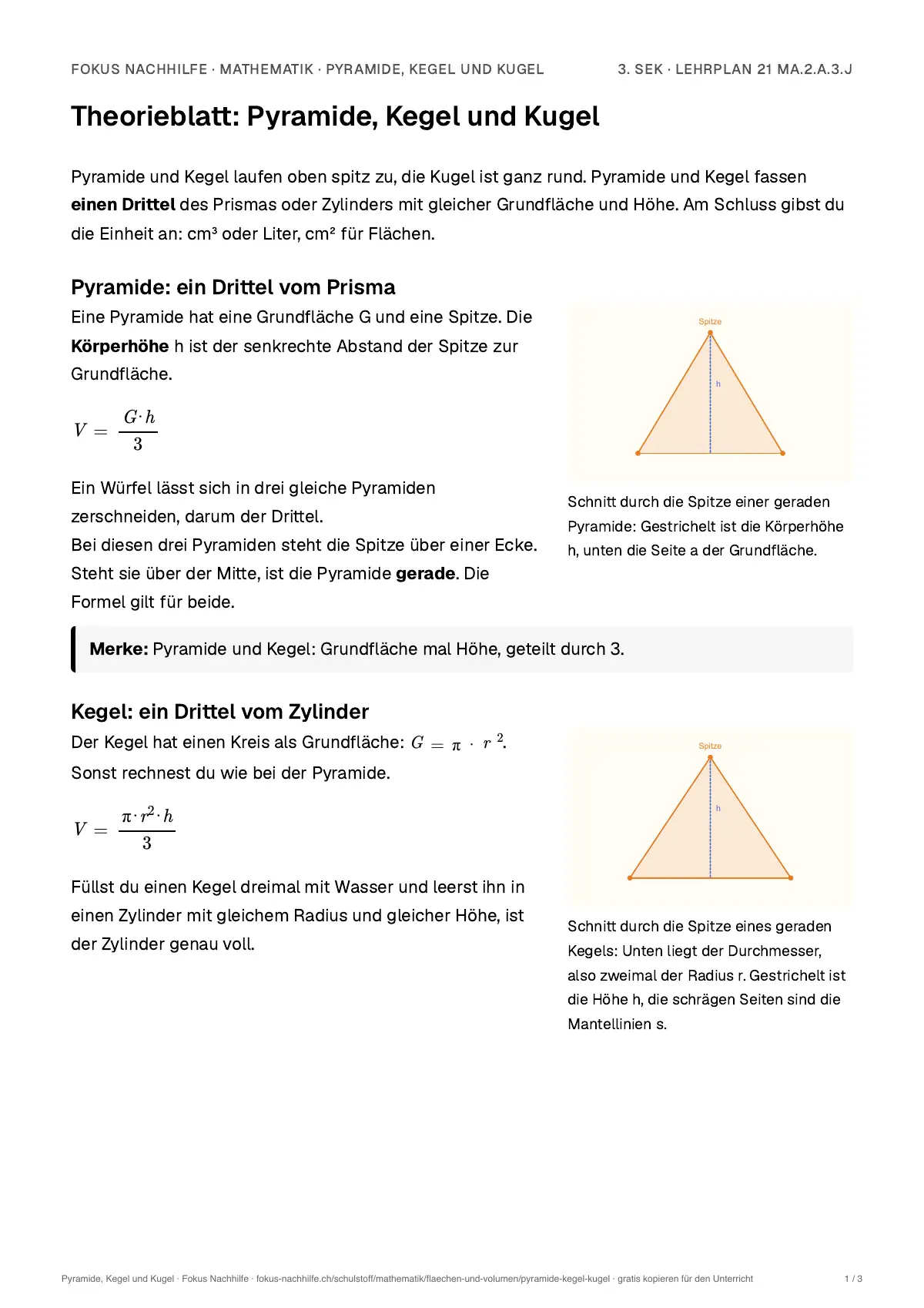 Theorieblatt Pyramide, Kegel und Kugel zum Ausdrucken: erste Seite der Erklärung