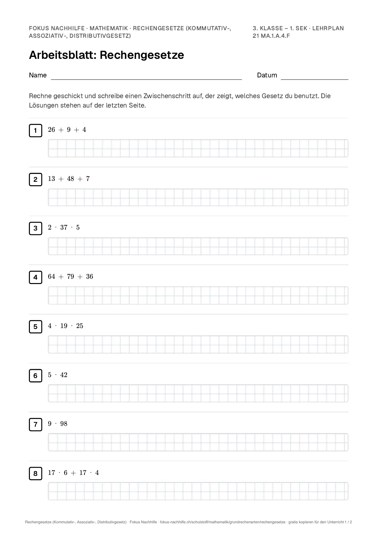 Arbeitsblatt Rechengesetze (Kommutativ-, Assoziativ-, Distributivgesetz) zum Ausfüllen mit Name und Datum: erste Seite, mit Lösungsblatt