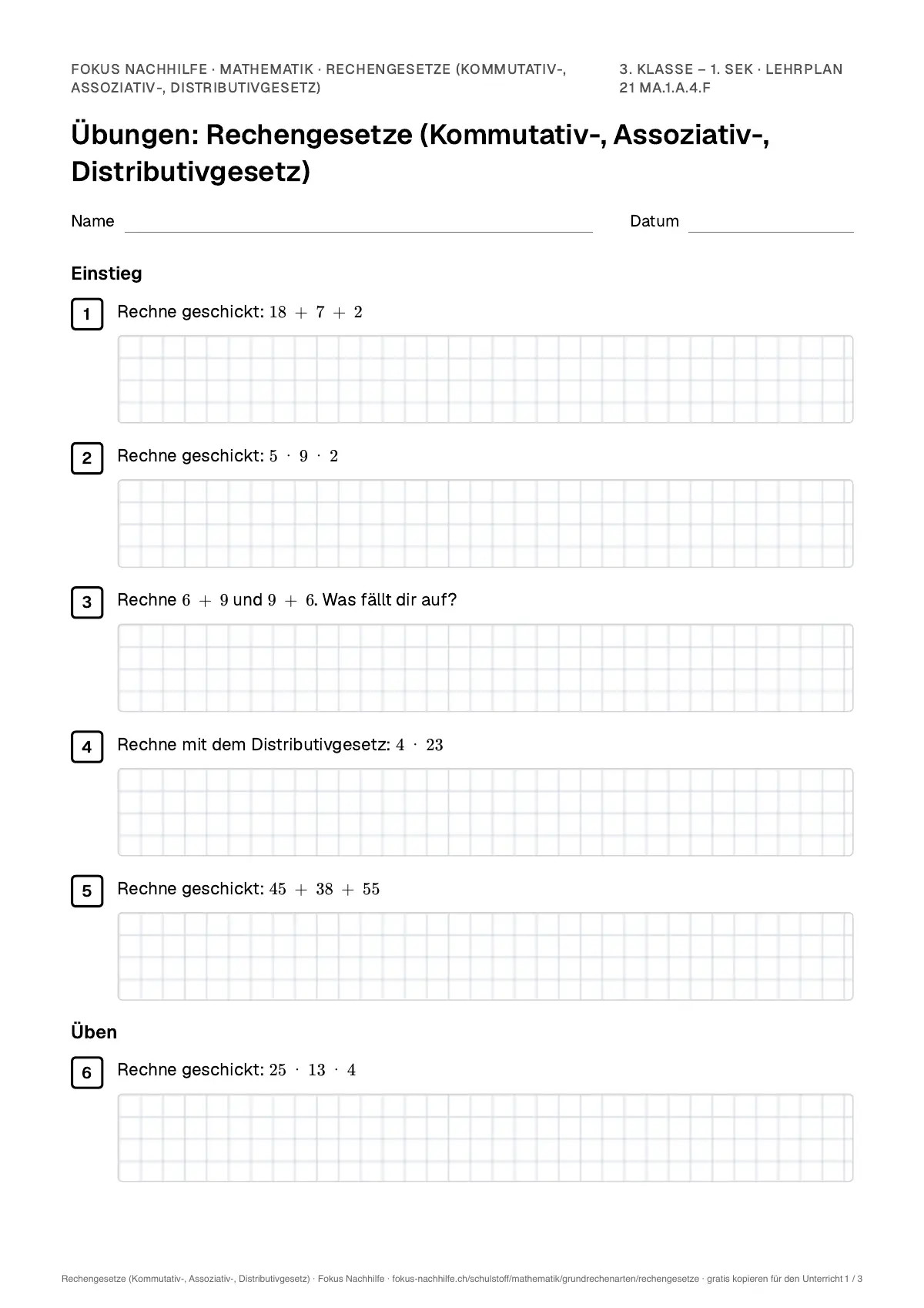 Übungsblatt Rechengesetze (Kommutativ-, Assoziativ-, Distributivgesetz) zum Ausdrucken: erste Seite der Übungen, Lösungen auf eigenem Blatt